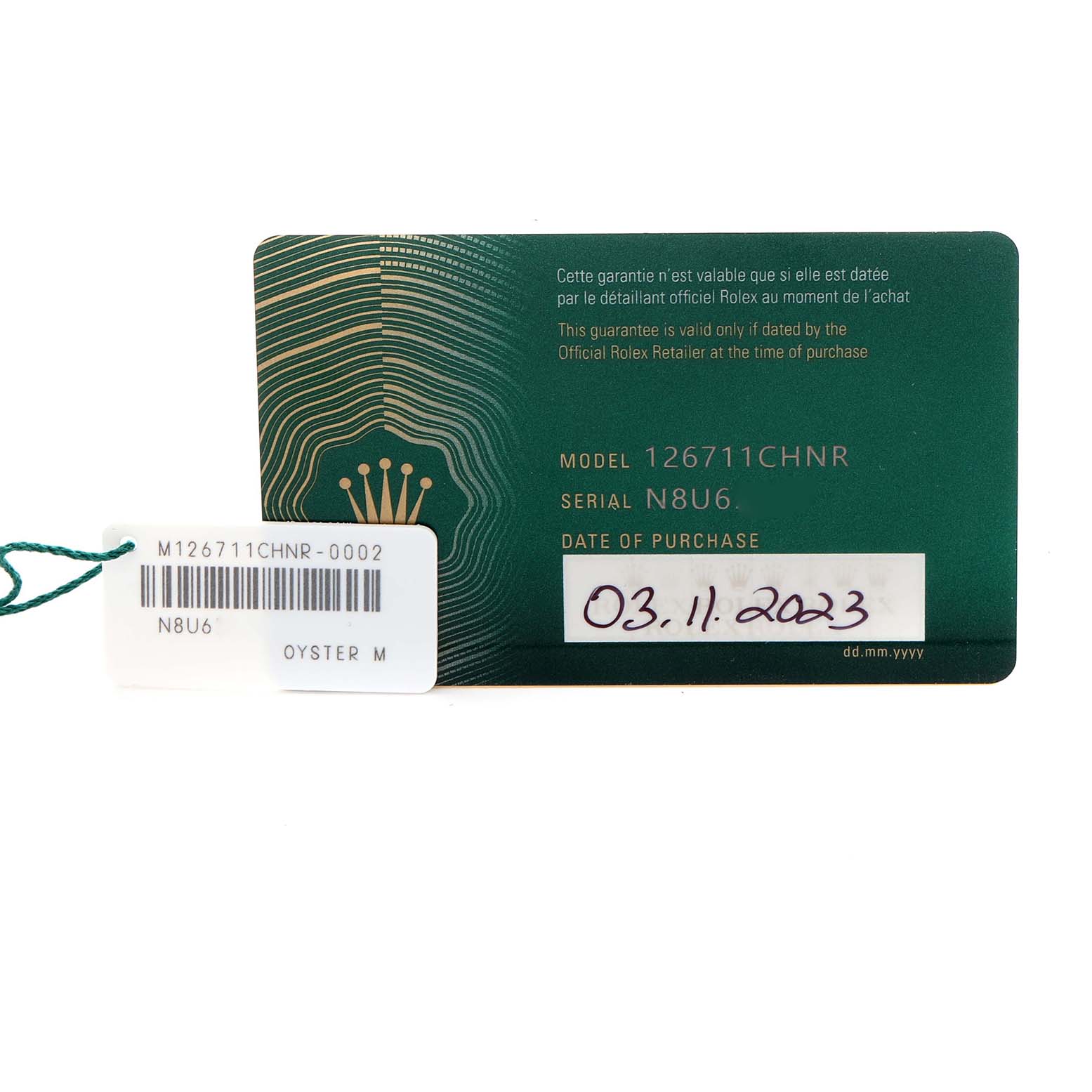 The image shows a warranty card and a barcode tag for a Rolex GMT-Master 126711CHNR Men's Steel and Gold (two tone) Black Dial 126711CHNR Men's Steel and Gold (two tone) Black Dial model 126711CHNR, with purchase details visible.