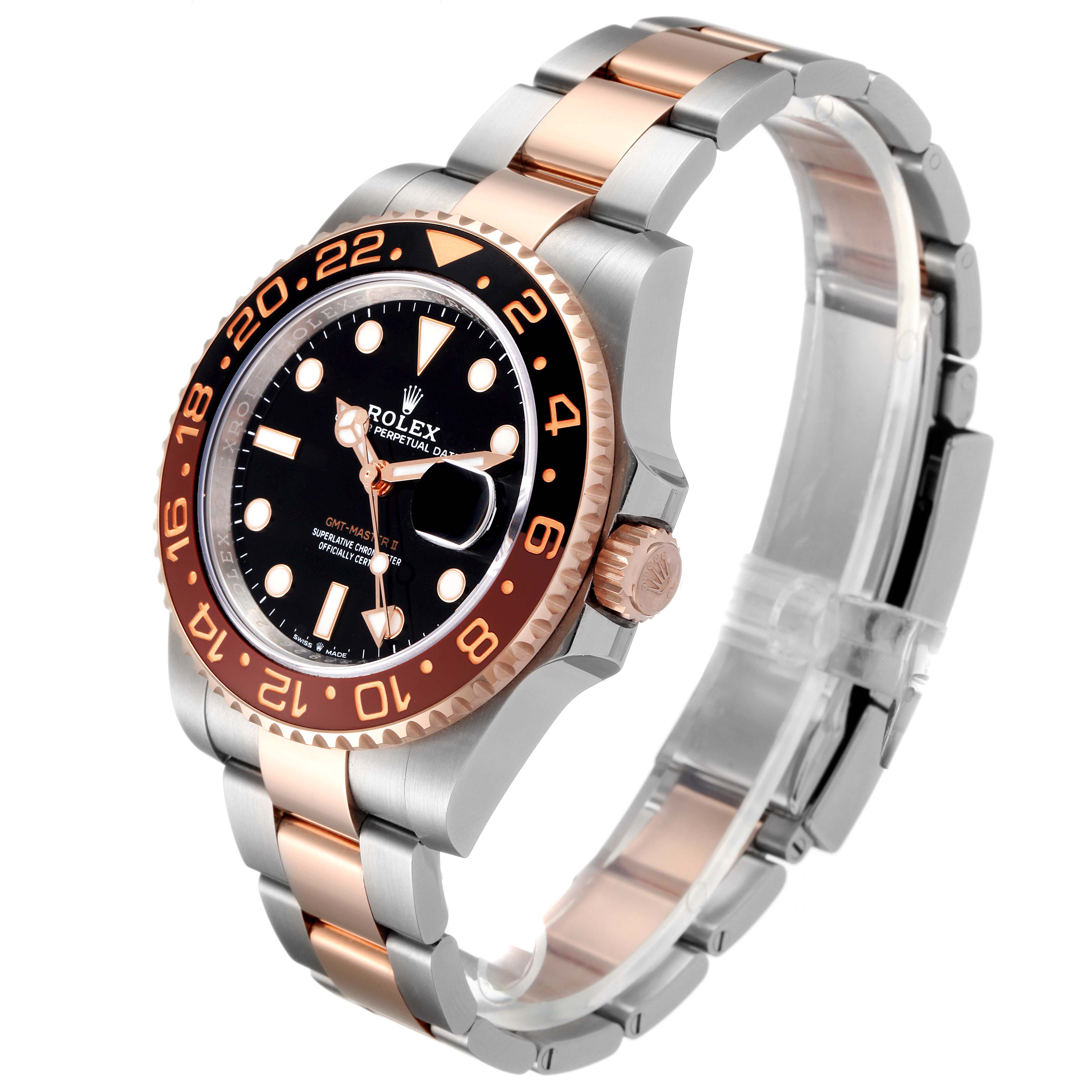 This image shows a three-quarter angled view of the Rolex GMT-Master 126711 Men
s Stainless Steel Black Dial 126711 Men
s Stainless Steel Black Dial watch, highlighting the bezel, dial, and bracelet.