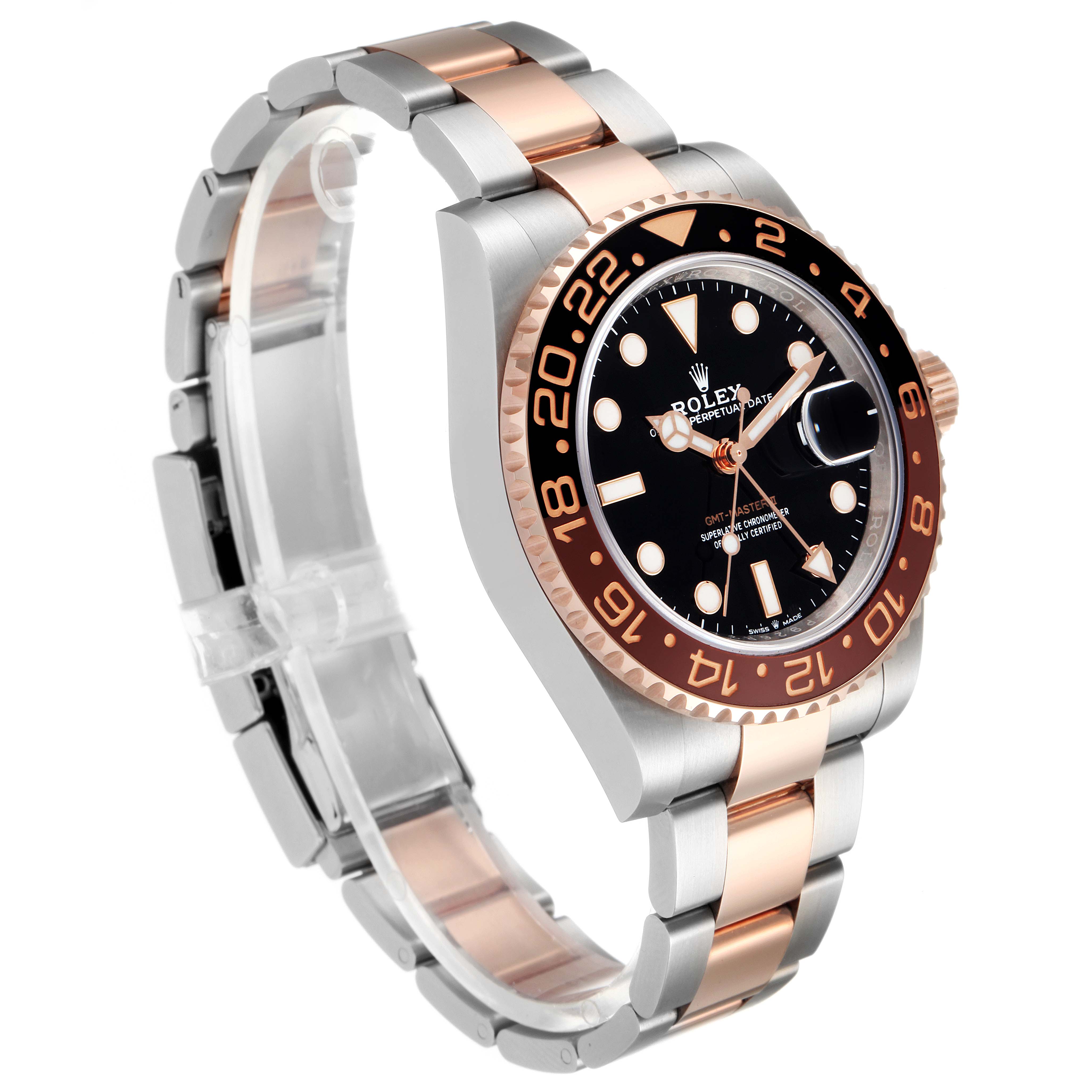 The image shows a side and slightly angled view of the Rolex GMT-Master 126711 Men
s Stainless Steel Black Dial 126711 Men
s Stainless Steel Black Dial watch, highlighting its two-tone bracelet and bezel.