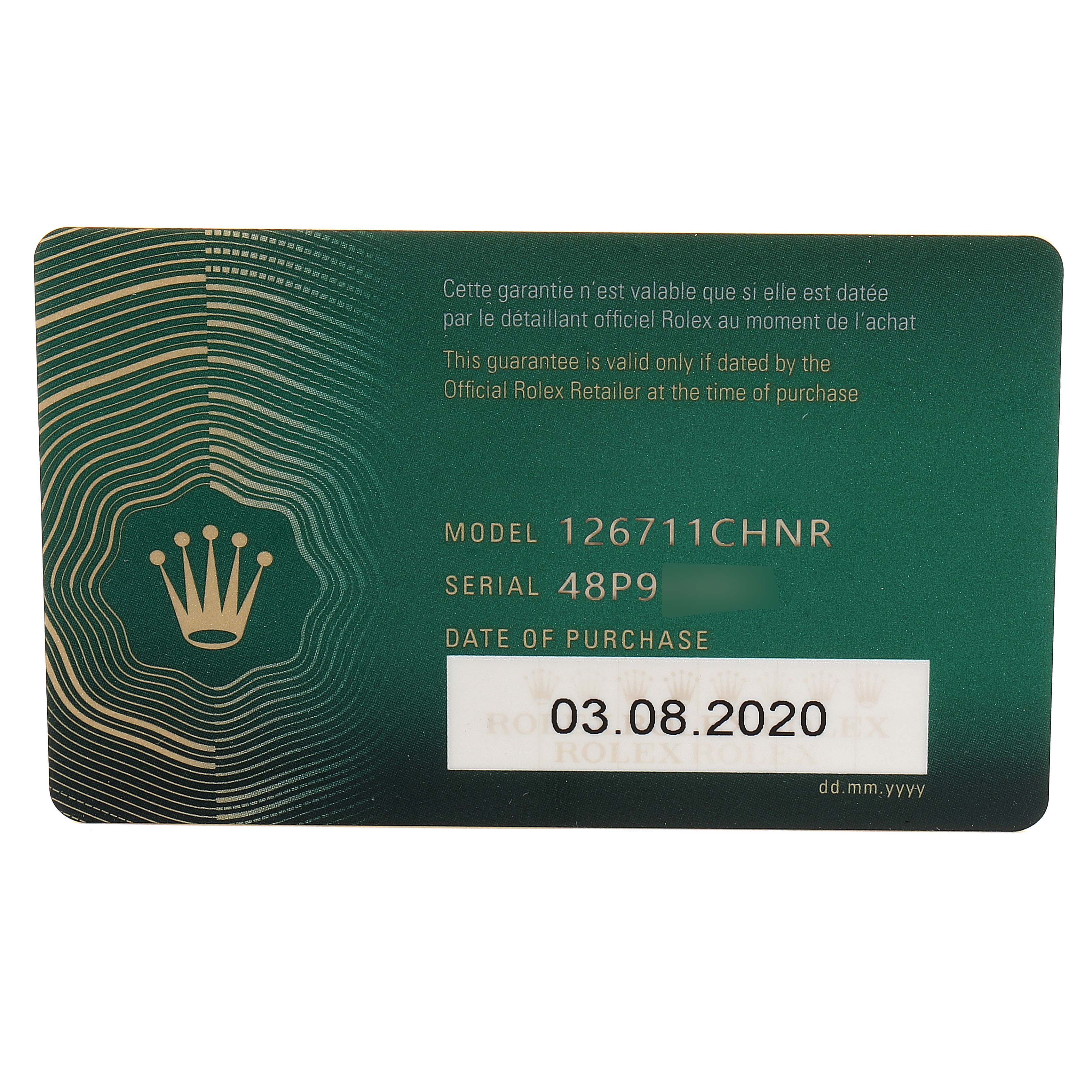 The image shows a warranty card for a Rolex GMT-Master 126711 Men
s Stainless Steel Black Dial 126711 Men
s Stainless Steel Black Dial model 126711CHNR, displaying purchase date and serial number.