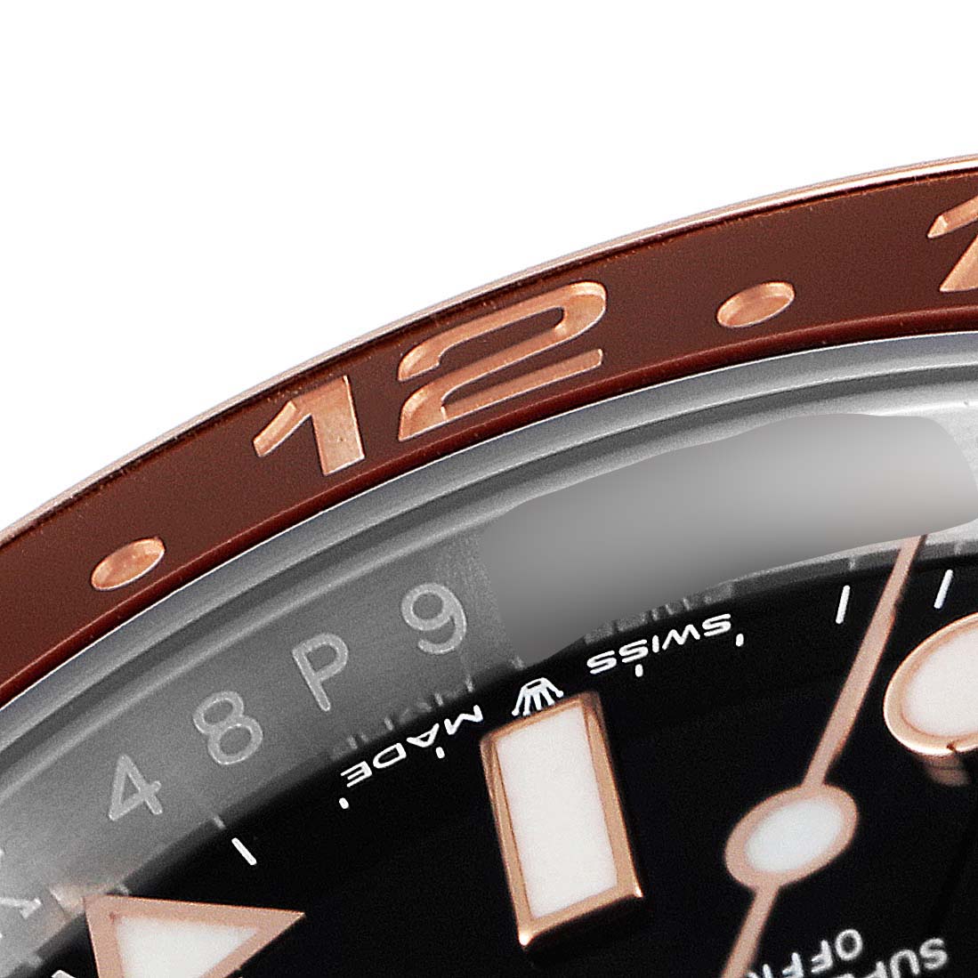 This image shows a close-up of the bezel and part of the dial of a Rolex GMT-Master 126711 Men
s Stainless Steel Black Dial 126711 Men
s Stainless Steel Black Dial watch.