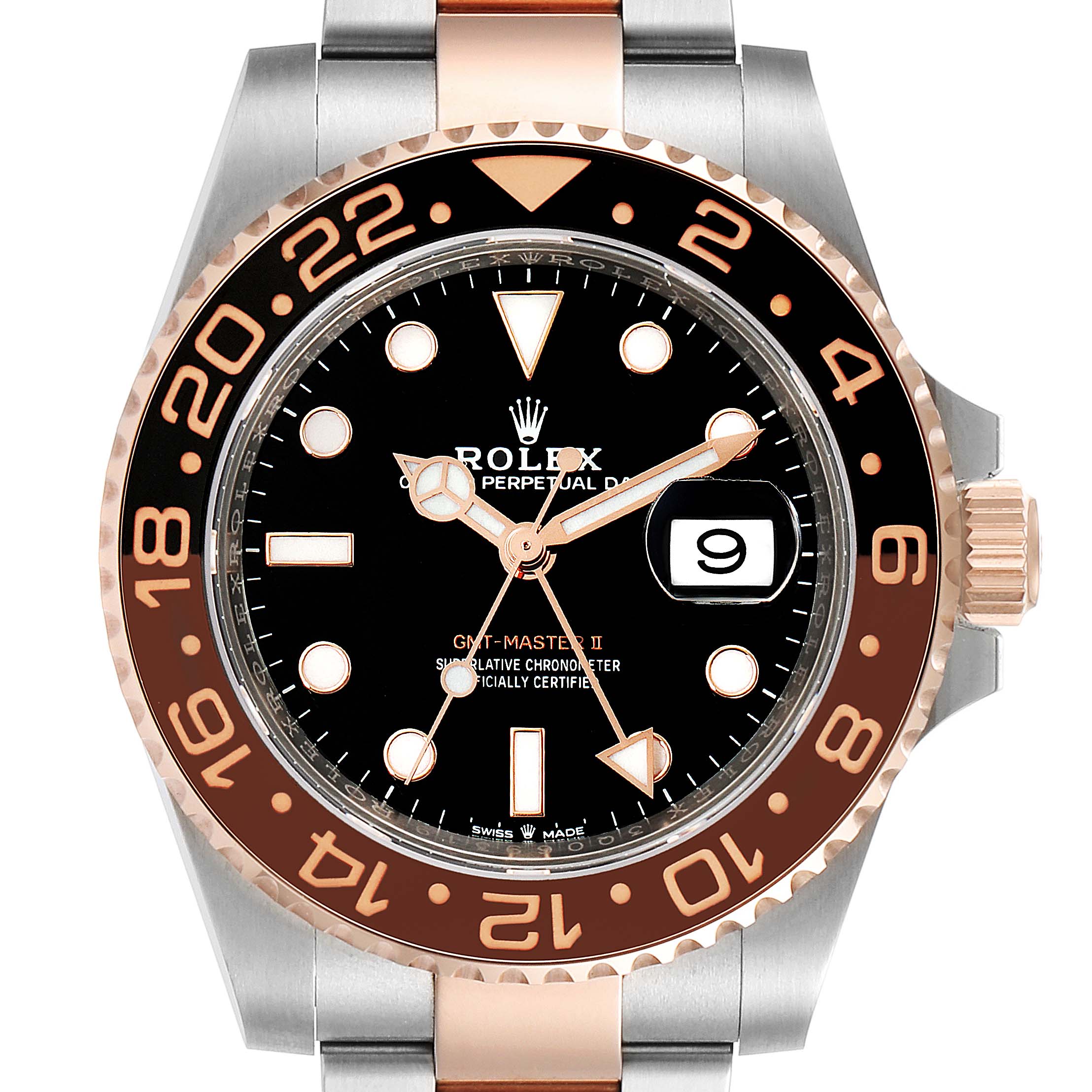 The image shows a frontal view of a Rolex GMT-Master 126711 Men
s Stainless Steel Black Dial 126711 Men
s Stainless Steel Black Dial II watch, displaying the bezel, dial, hands, date window, and part of the bracelet.