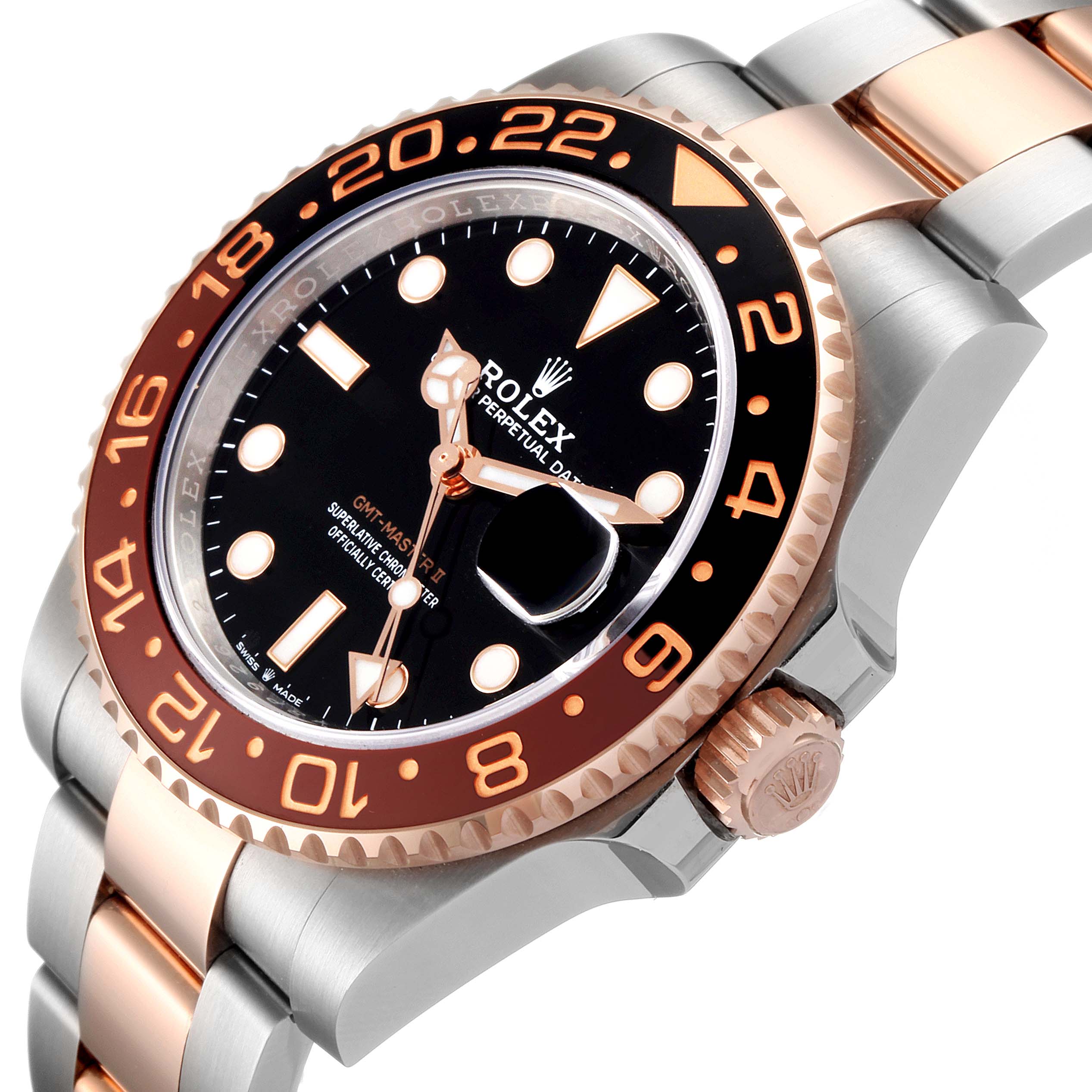 The image shows a close-up angle of the Rolex GMT-Master 126711 Men
s Stainless Steel Black Dial 126711 Men
s Stainless Steel Black Dial II, highlighting the dial, bezel, crown, and part of the bracelet.
