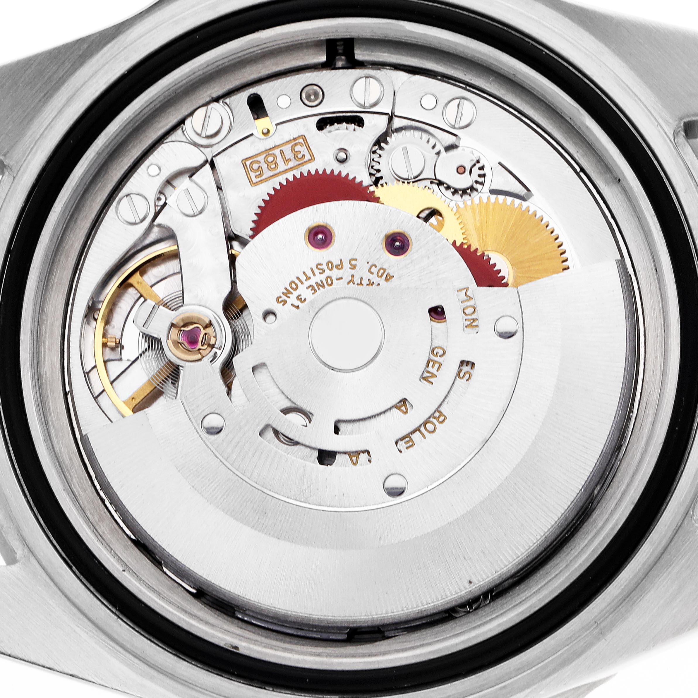 The image shows the inner mechanism and movement components of a Rolex GMT-Master 16713 Men's Steel and Gold (two tone) Brown Dial 16713 Men's Steel and Gold (two tone) Brown Dial watch from a rear angle.