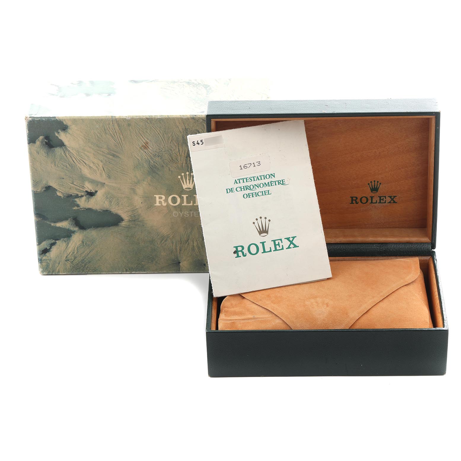 The image shows the packaging and certification for a Rolex GMT-Master 16713 Men's Steel and Gold (two tone) Brown Dial 16713 Men's Steel and Gold (two tone) Brown Dial, including the box and official chronometer attestations.