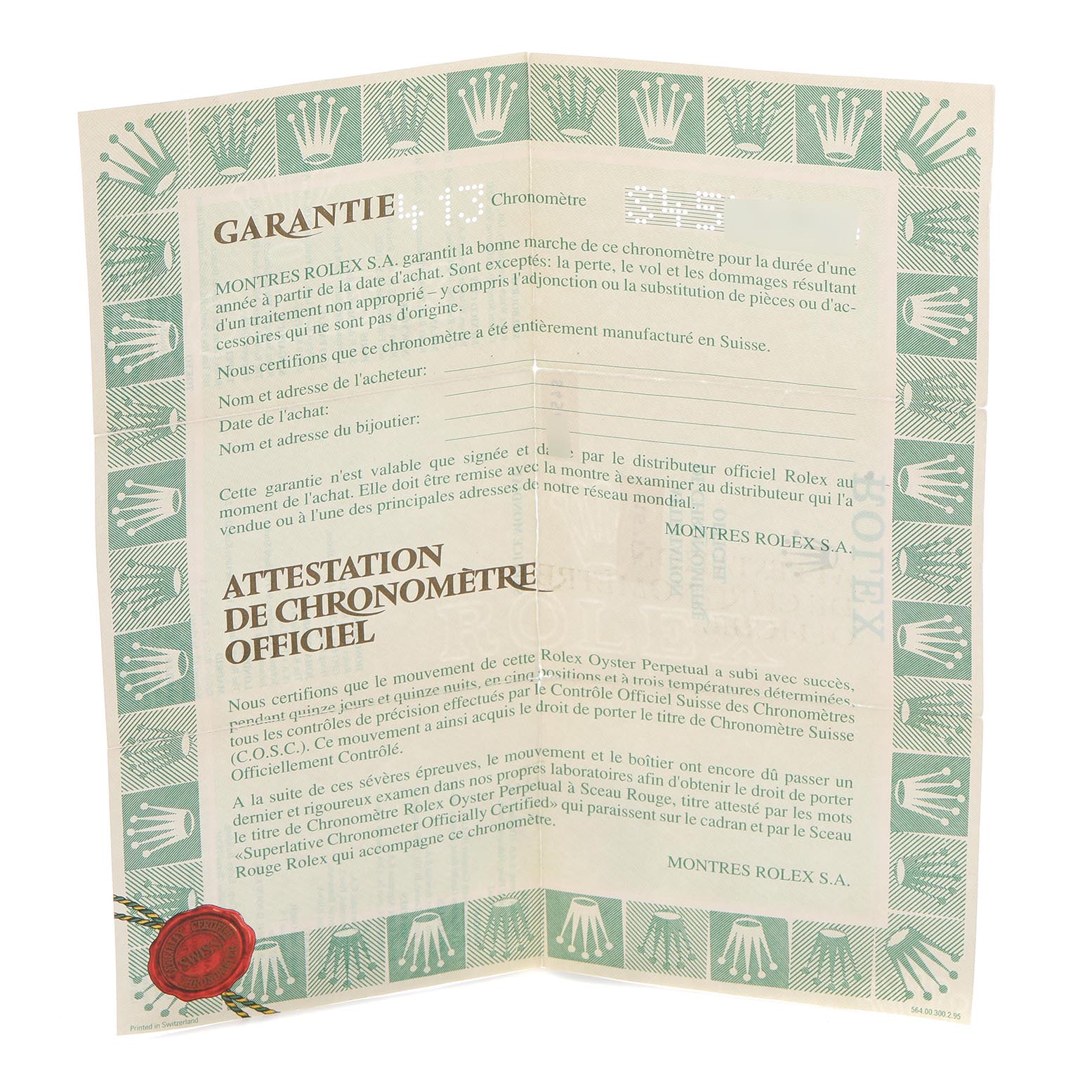 The image shows an unfolded warranty card for a Rolex GMT-Master 16713 Men's Steel and Gold (two tone) Brown Dial 16713 Men's Steel and Gold (two tone) Brown Dial, with text and the Rolex logo prominently displayed.