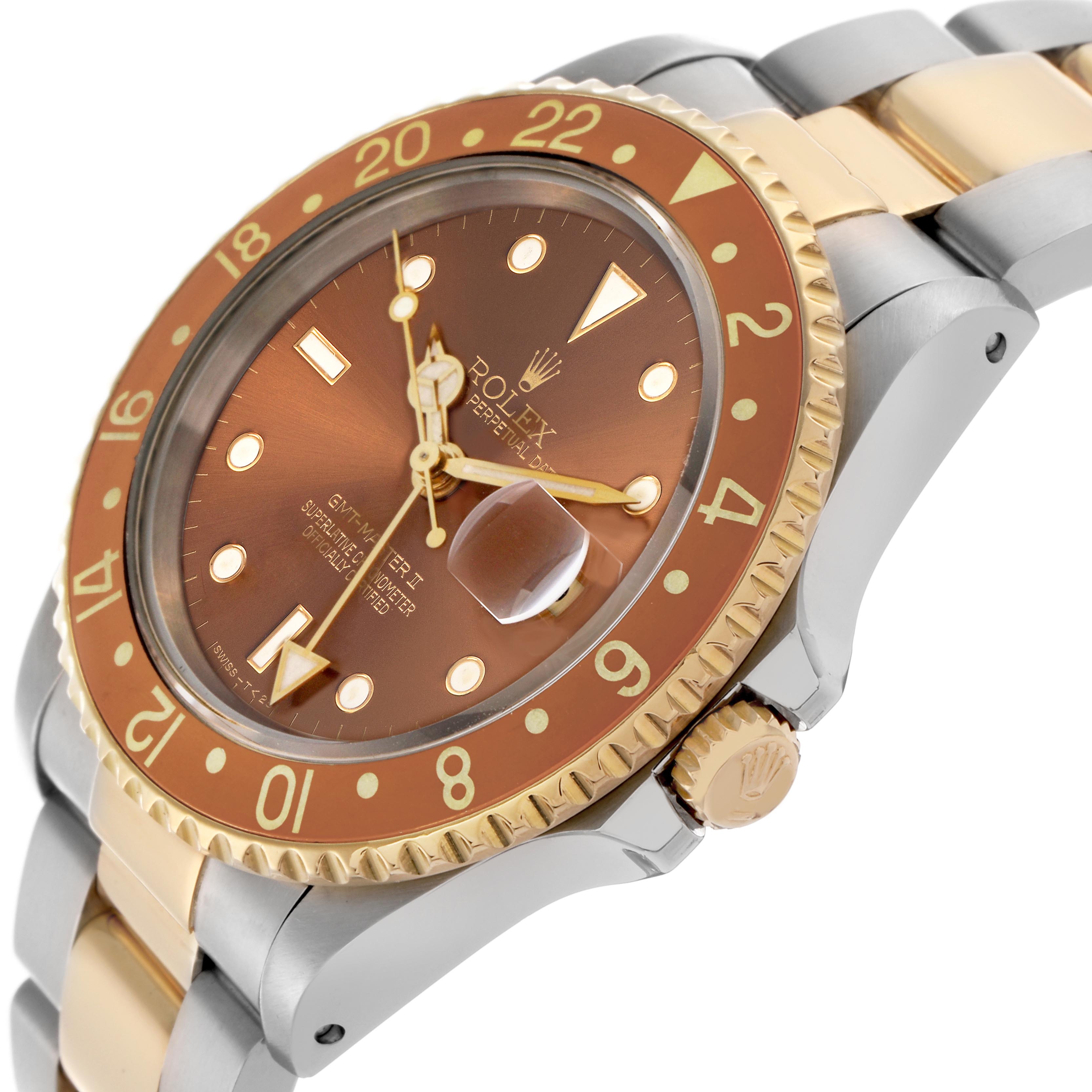 The Rolex GMT-Master 16713 Men's Steel and Gold (two tone) Brown Dial 16713 Men's Steel and Gold (two tone) Brown Dial watch is shown at a three-quarter angle, highlighting the bezel, dial, crown, and bracelet.