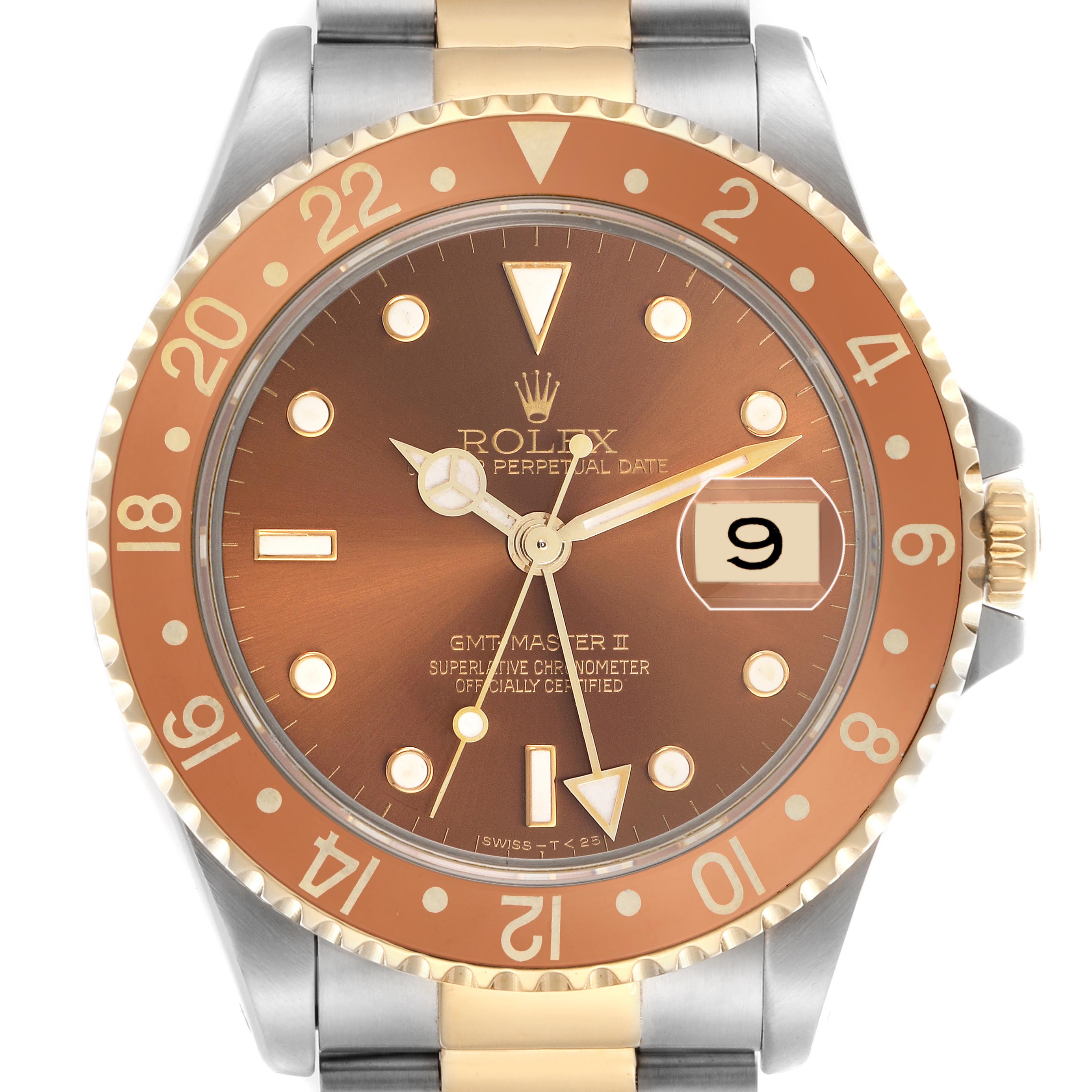 This image shows a front view of the Rolex GMT-Master 16713 Men's Steel and Gold (two tone) Brown Dial 16713 Men's Steel and Gold (two tone) Brown Dial II with a brown and gold bezel, displaying the face and part of the bracelet.