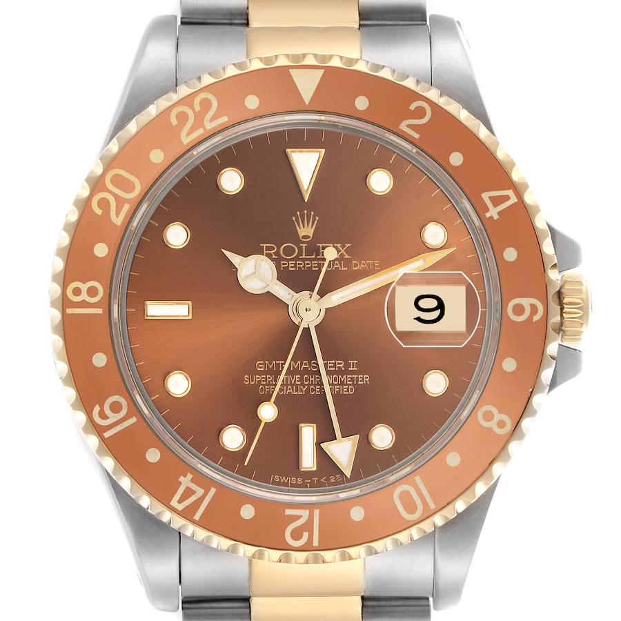 This image shows a front view of the Rolex GMT-Master II with a brown and gold bezel, displaying the face and part of the bracelet.