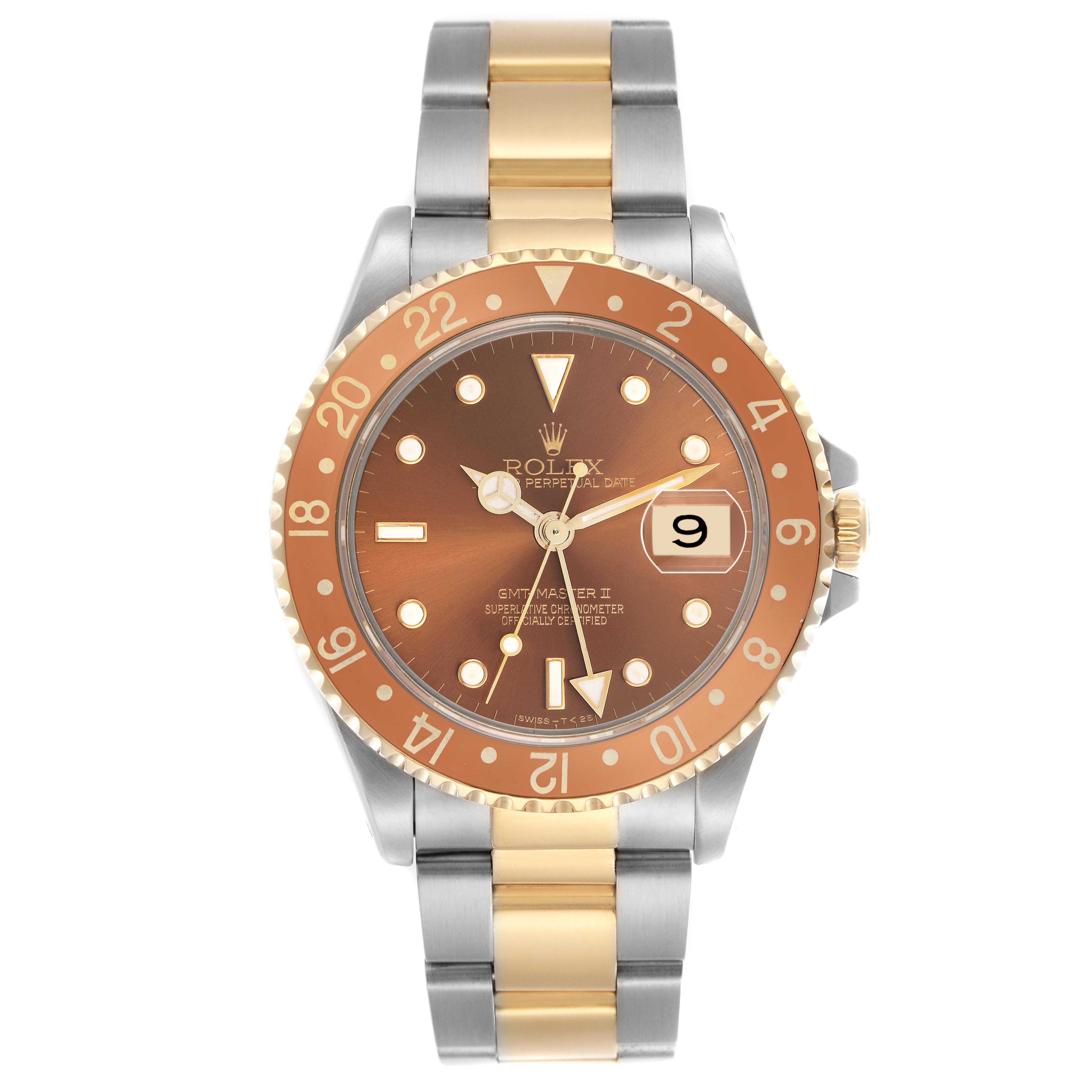 The Rolex GMT-Master 16713 Men's Steel and Gold (two tone) Brown Dial 16713 Men's Steel and Gold (two tone) Brown Dial watch is shown from a front angle, displaying the dial, bezel, and bracelet.