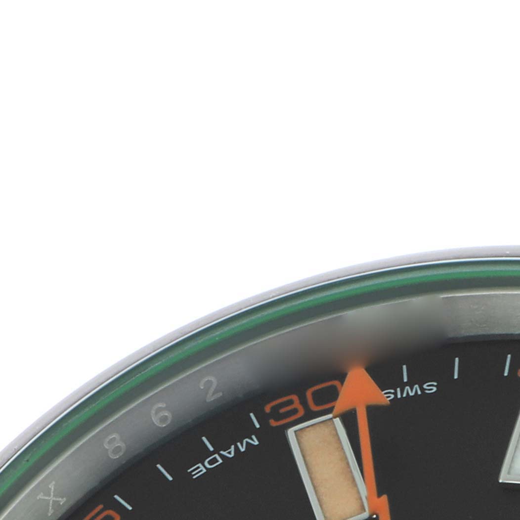 The close-up shows the top-right section of a Rolex Milgauss 116400GV Men's Stainless Steel Black Dial 116400GV Men's Stainless Steel Black Dial watch face with the second hand and minute markers.