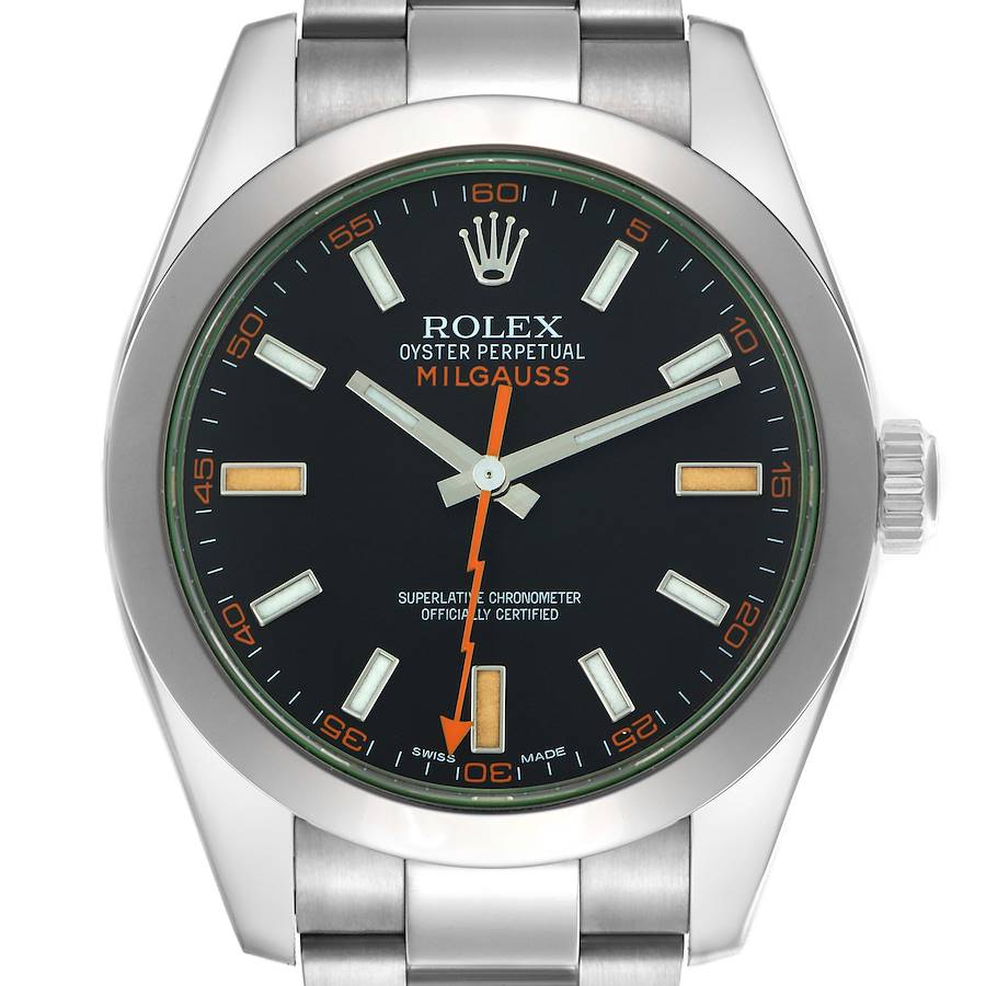 The image shows a front view of a Rolex Milgauss watch, highlighting the dial, hands, and bezel.