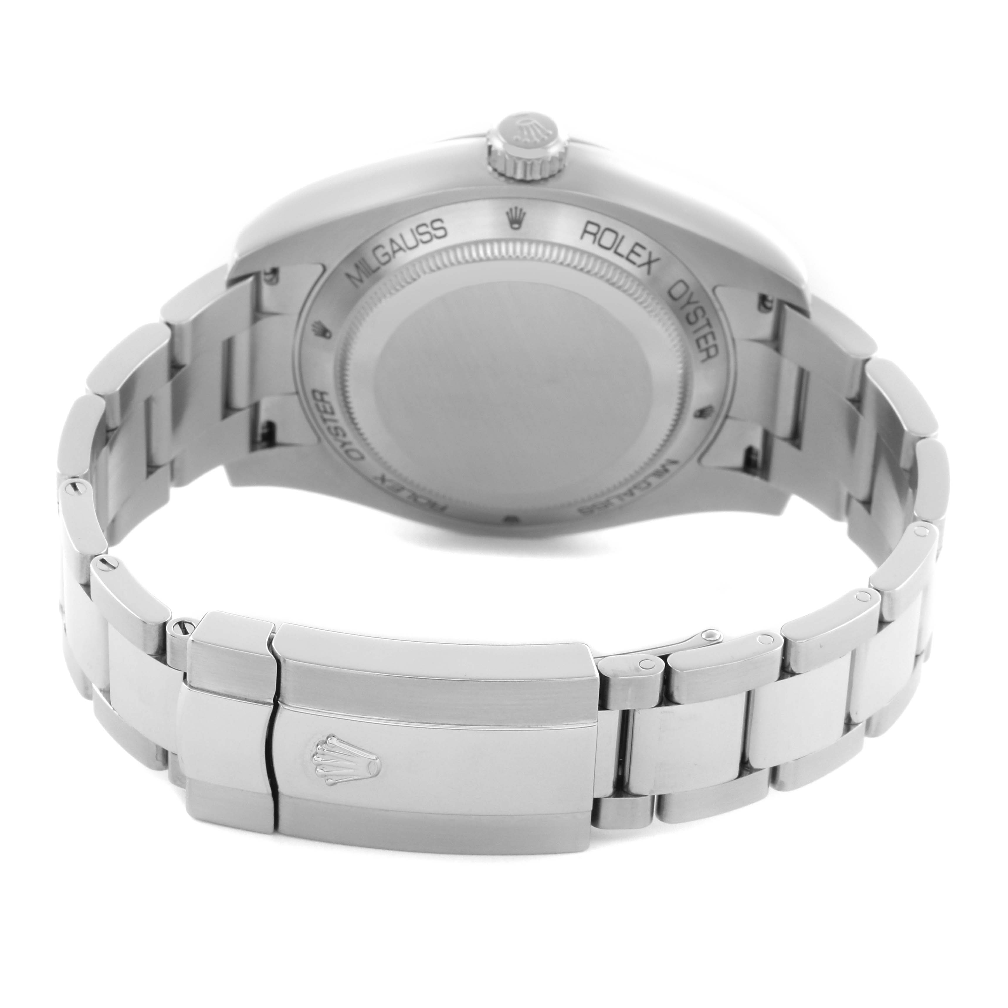The image shows the back of a Rolex Milgauss 116400GV Men's Stainless Steel Black Dial 116400GV Men's Stainless Steel Black Dial watch, highlighting the case back and bracelet clasp.