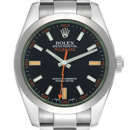 The Rolex Milgauss watch is shown from a front angle, displaying its face, bezel, and part of the bracelet.