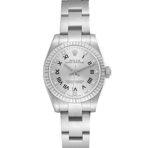 The Rolex Oyster Perpetual watch is shown from a front angle, highlighting the face, bezel, and bracelet.