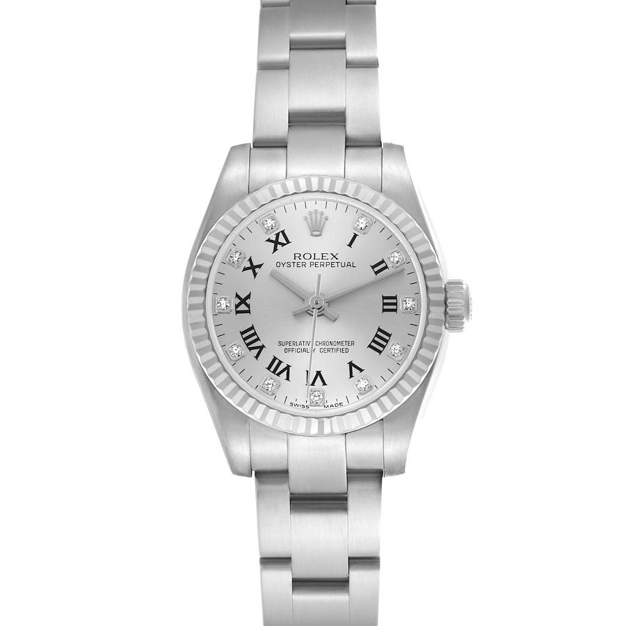 The Rolex Oyster Perpetual watch is shown from a top-down angle, highlighting the dial, bracelet, and bezel.