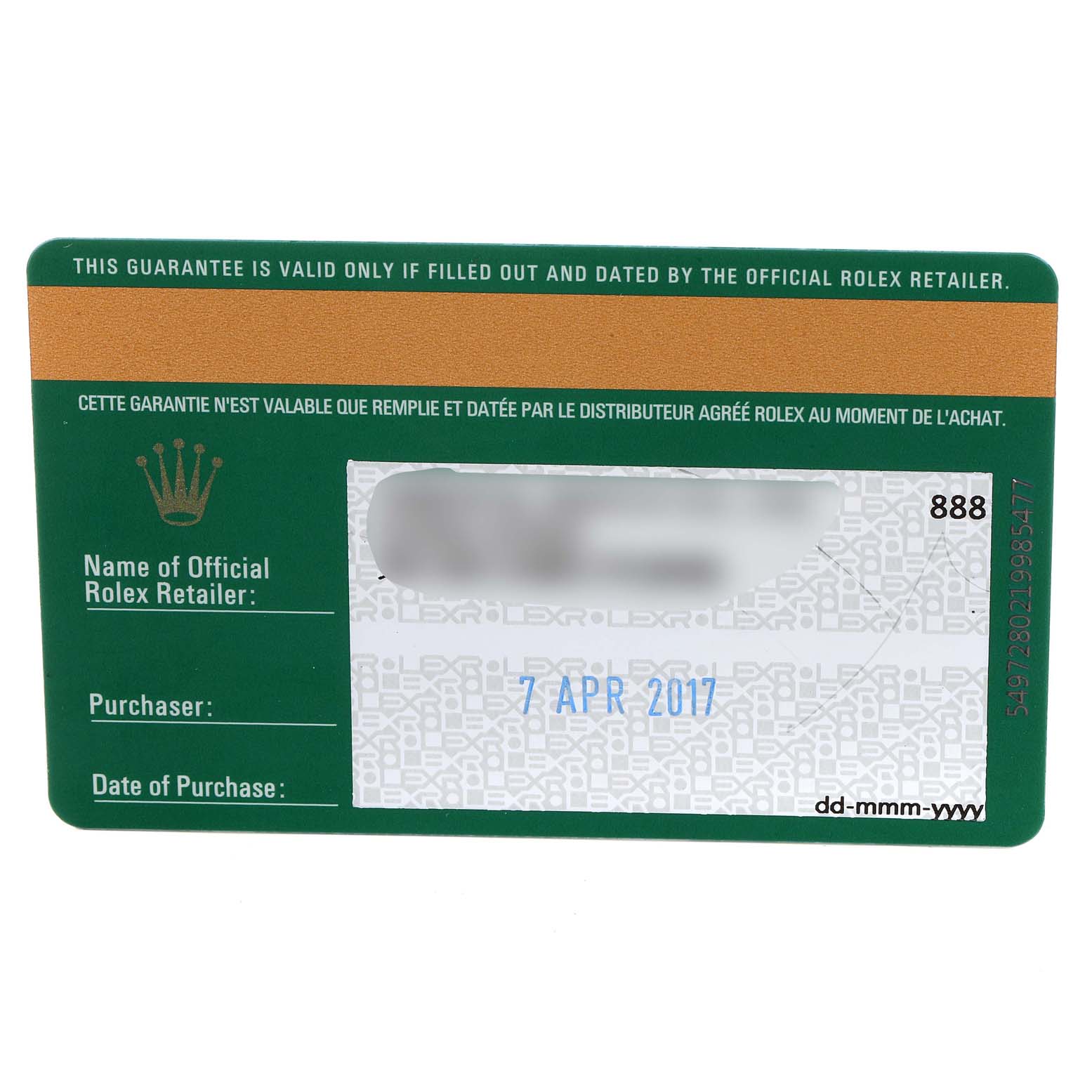 This image shows the warranty card for the Rolex Oyster Perpetual 114200 Men's Stainless Steel Champagne Dial 114200 Men's Stainless Steel Champagne Dial model, including purchase information and retailer details.