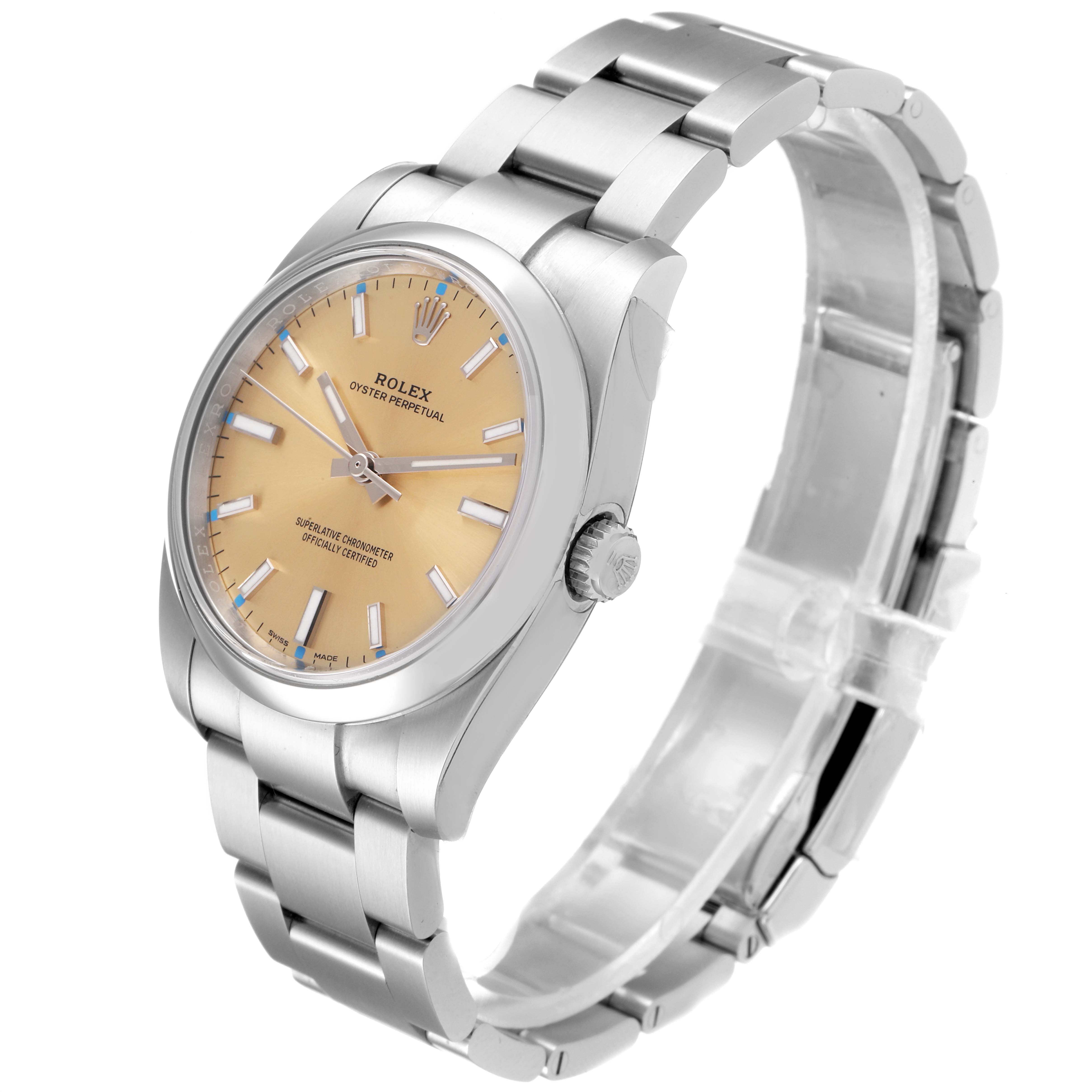 This image shows a Rolex Oyster Perpetual 114200 Men's Stainless Steel Champagne Dial 114200 Men's Stainless Steel Champagne Dial watch at a three-quarter angle, highlighting its dial, crown, and bracelet.
