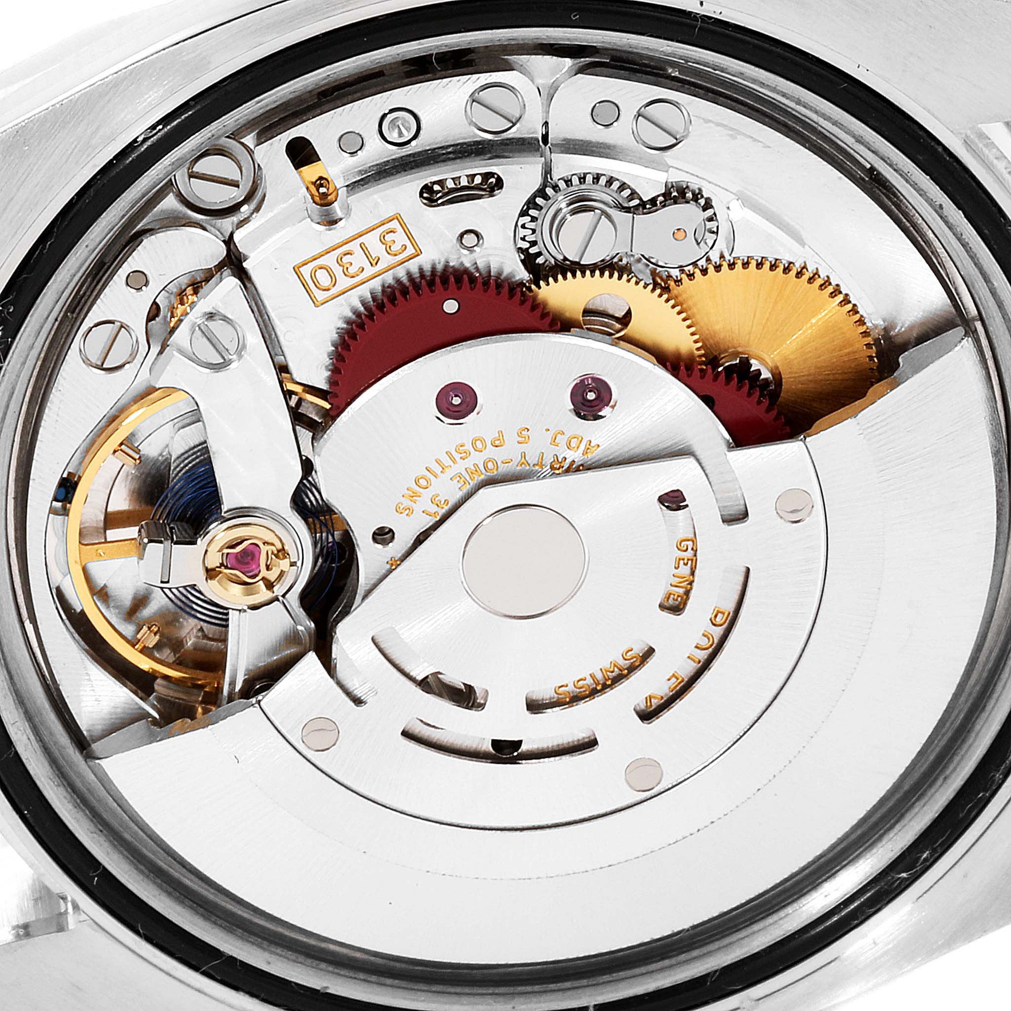 This close-up angle shows the intricate internal mechanism of the Rolex Oyster Perpetual 116000 Men's Stainless Steel Silver Dial 116000 Men's Stainless Steel Silver Dial watch.