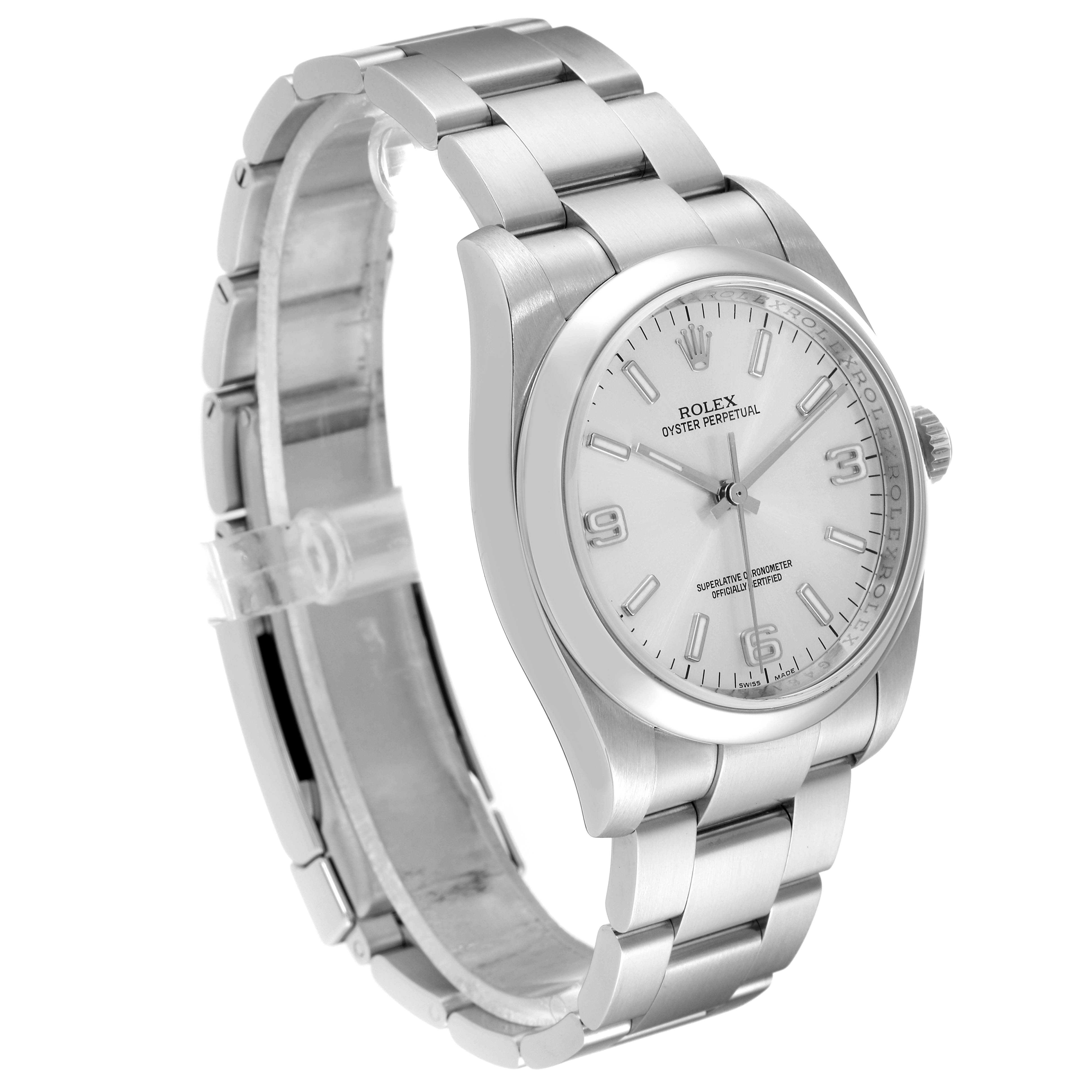 The image shows a side-angle view of a Rolex Oyster Perpetual 116000 Men's Stainless Steel Silver Dial 116000 Men's Stainless Steel Silver Dial watch, highlighting the dial, case, and metal bracelet.