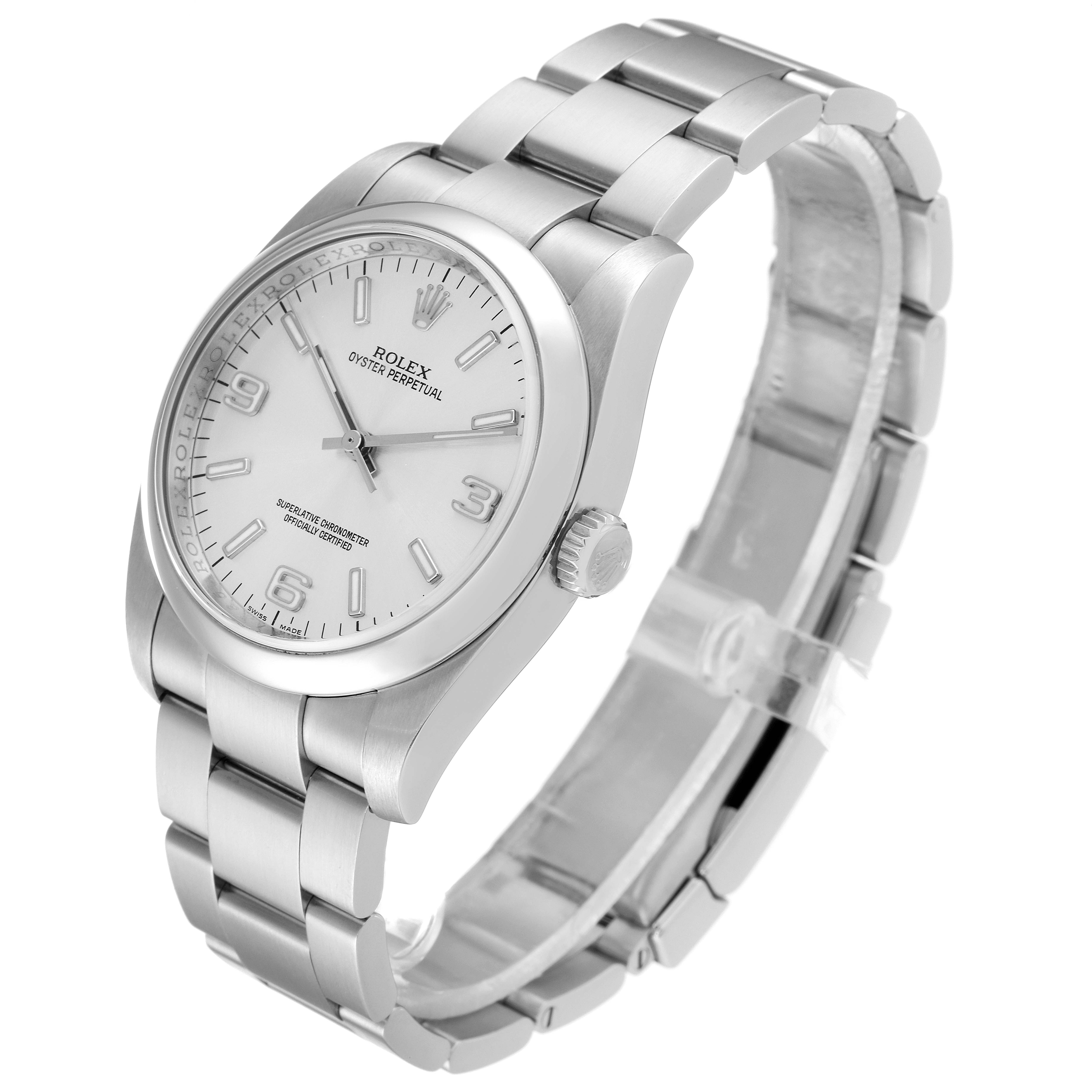 This is a Rolex Oyster Perpetual 116000 Men's Stainless Steel Silver Dial 116000 Men's Stainless Steel Silver Dial watch shown at a slight angle, displaying the face, case, crown, and bracelet.