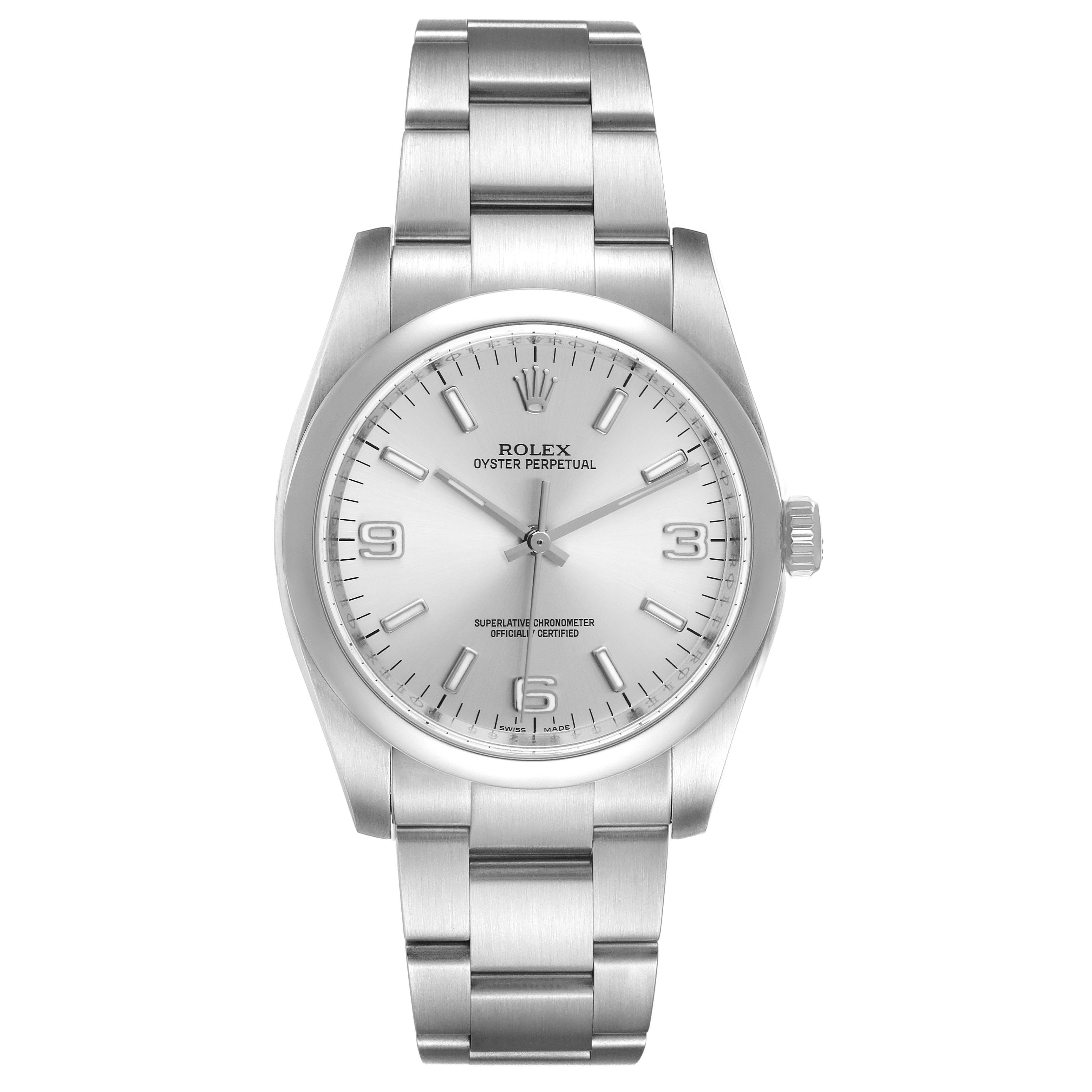 This Rolex Oyster Perpetual 116000 Men's Stainless Steel Silver Dial 116000 Men's Stainless Steel Silver Dial watch is shown from the front, highlighting the dial, bracelet, and crown.