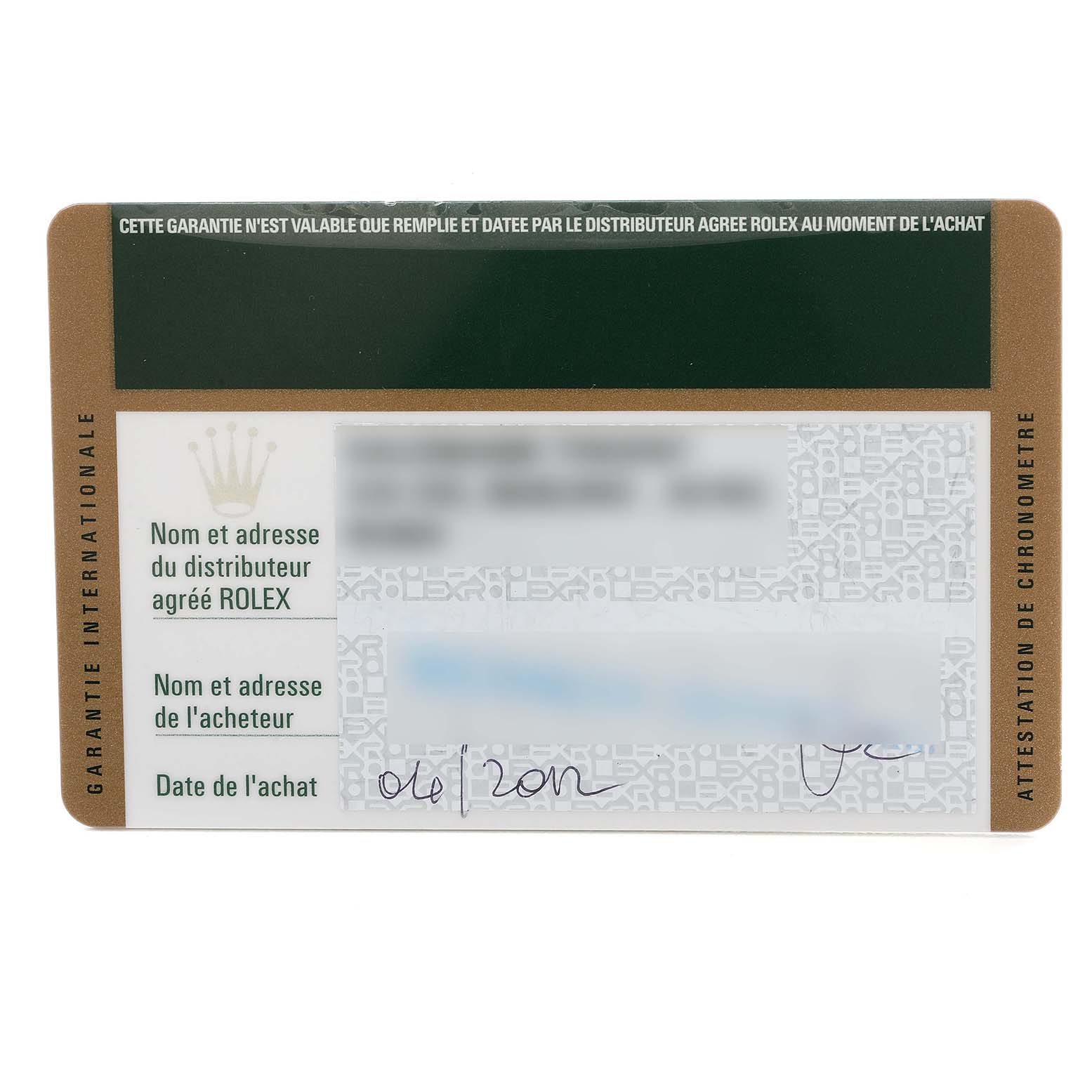 The image shows a warranty card for the Rolex Oyster Perpetual 116000 Men's Stainless Steel Silver Dial 116000 Men's Stainless Steel Silver Dial model, featuring sections for distributor and buyer information, and purchase date.