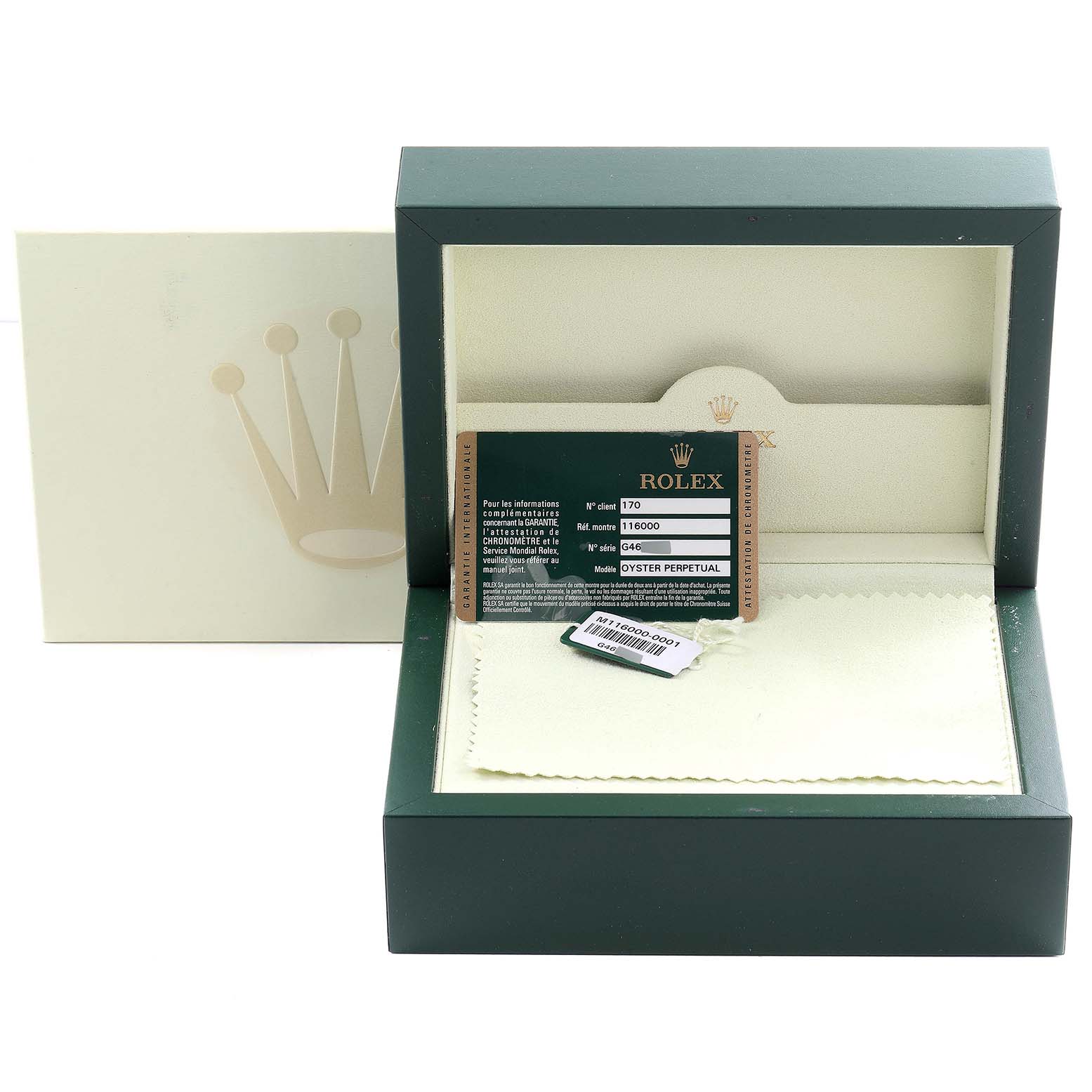 The image shows a Rolex Oyster Perpetual 116000 Men's Stainless Steel Silver Dial 116000 Men's Stainless Steel Silver Dial watch box, warranty card, tag, and cloth from a front angle.