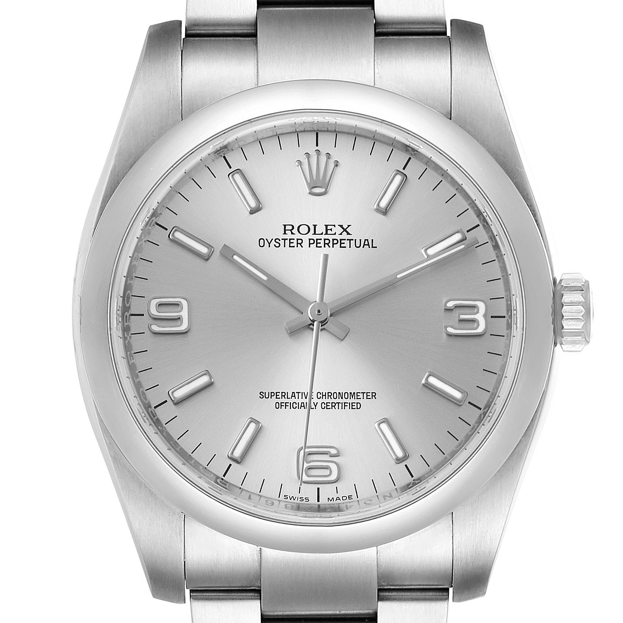 The image shows a frontal view of the dial and part of the bracelet of a Rolex Oyster Perpetual 116000 Men's Stainless Steel Silver Dial 116000 Men's Stainless Steel Silver Dial watch.