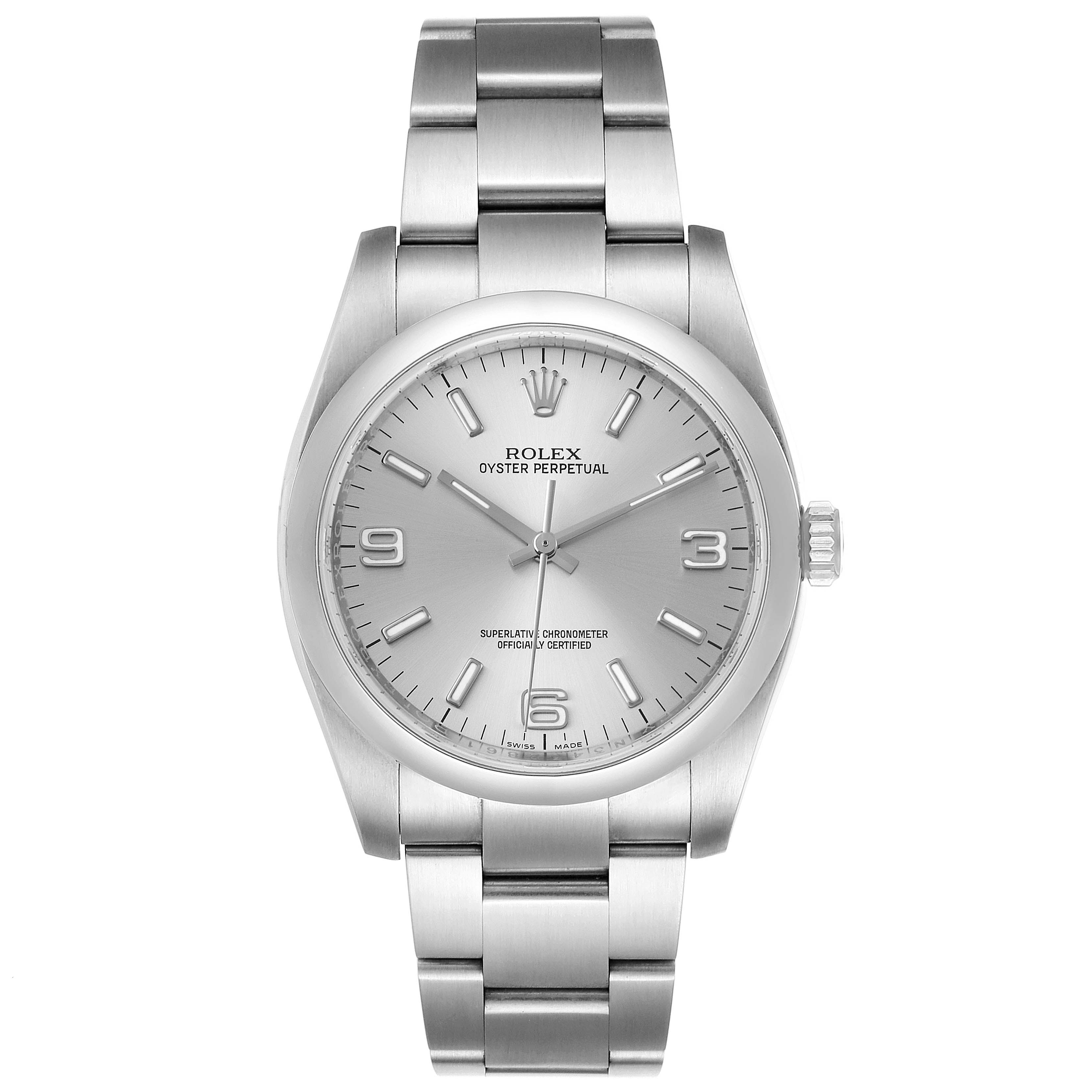 The image shows a front view of the Rolex Oyster Perpetual 116000 Men's Stainless Steel Silver Dial 116000 Men's Stainless Steel Silver Dial watch, displaying the face, bezel, and bracelet.