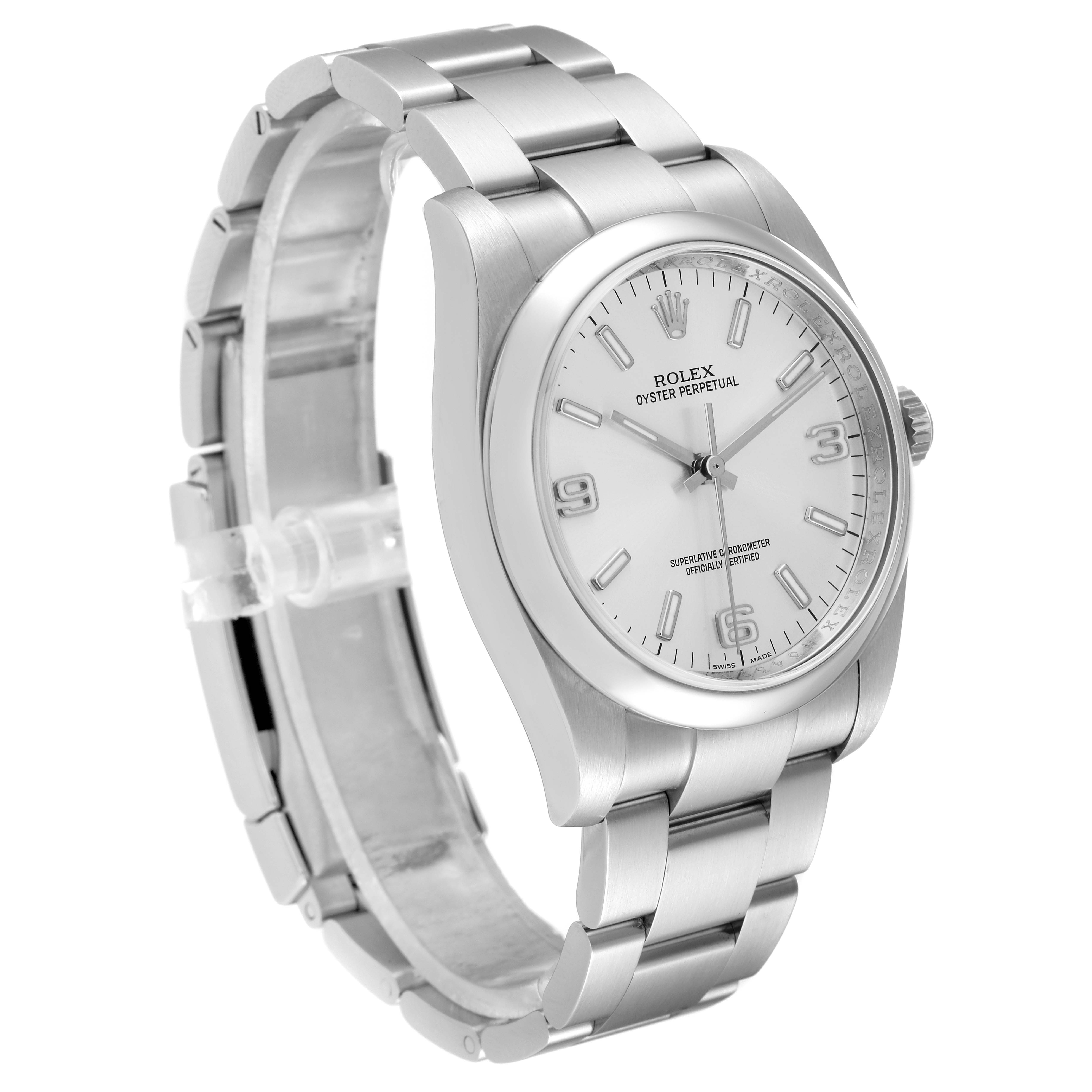 The image shows a Rolex Oyster Perpetual 116000 Men's Stainless Steel Silver Dial 116000 Men's Stainless Steel Silver Dial watch angled to display the dial, bezel, and bracelet.