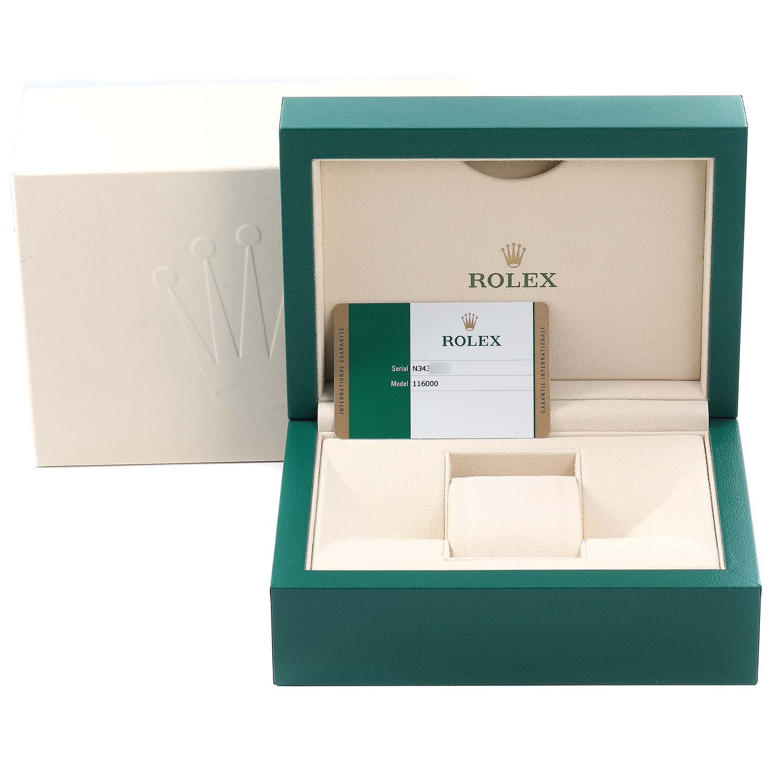 The image shows the packaging with an open box and authenticity card for a Rolex Oyster Perpetual 116000 Men's Stainless Steel Silver Dial 116000 Men's Stainless Steel Silver Dial watch.