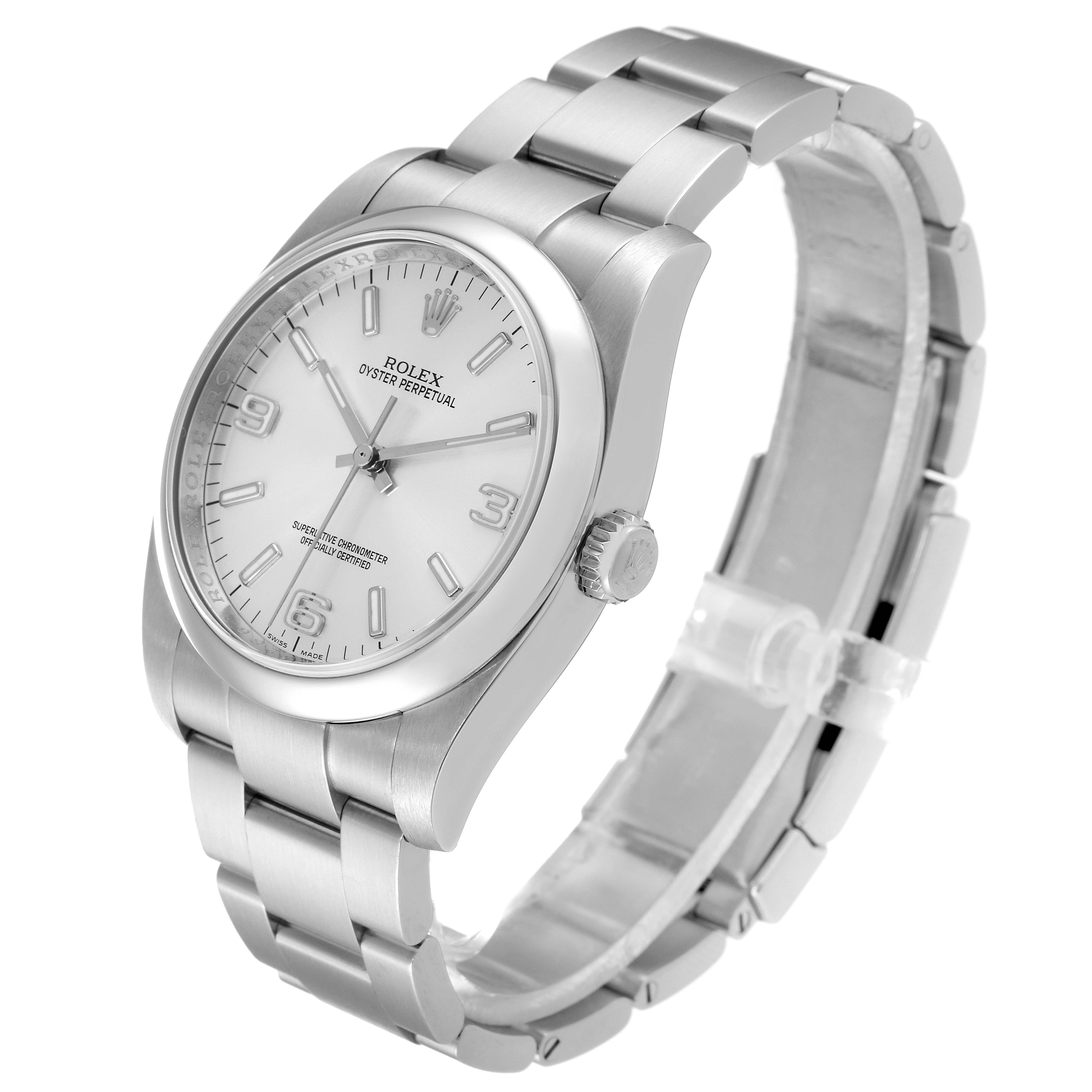 This image shows a Rolex Oyster Perpetual 116000 Men's Stainless Steel Silver Dial 116000 Men's Stainless Steel Silver Dial watch at an oblique angle, highlighting the face, bezel, and bracelet.