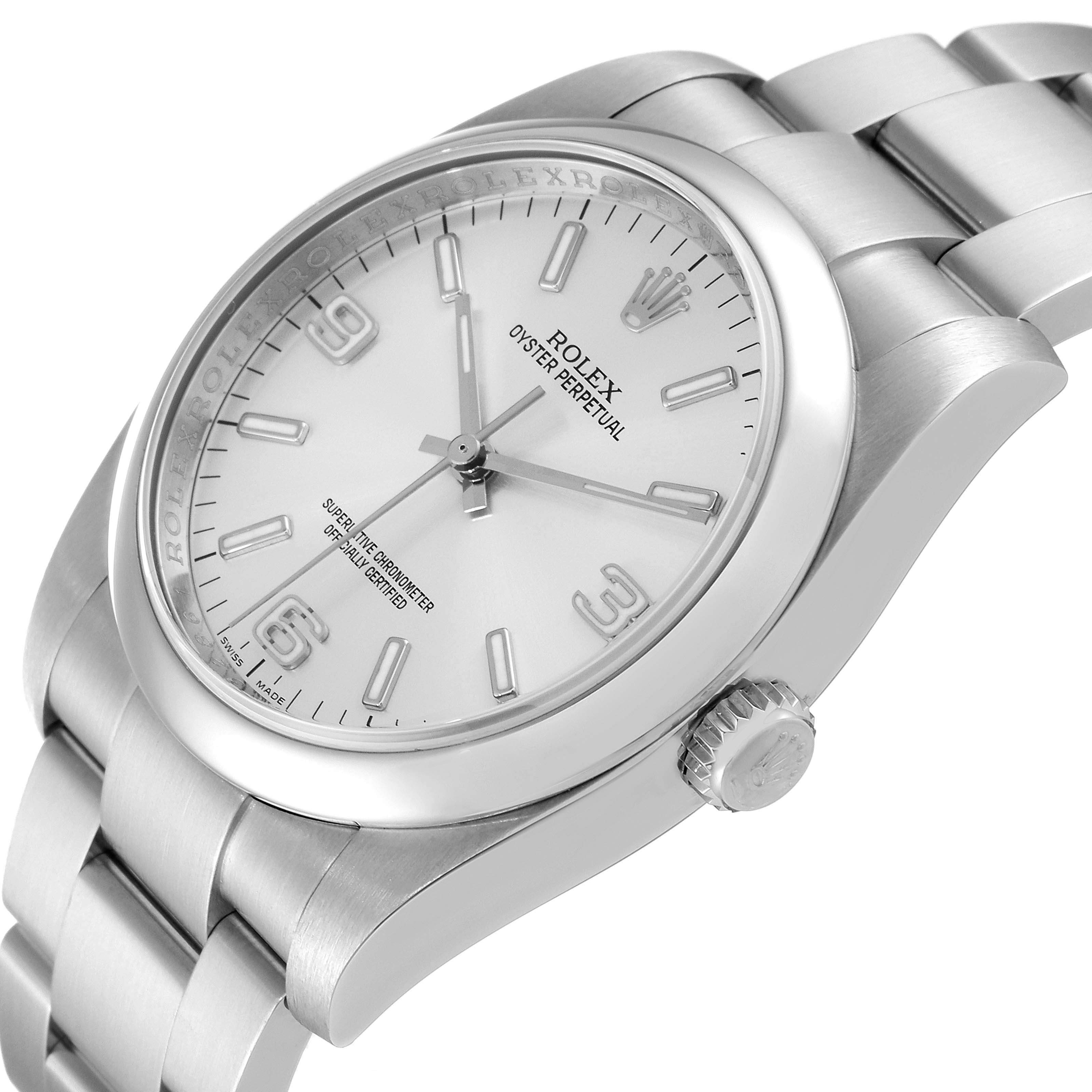 The image shows a close-up, angled view of the Rolex Oyster Perpetual 116000 Men's Stainless Steel Silver Dial 116000 Men's Stainless Steel Silver Dial watch, focusing on the face, crown, and bracelet.
