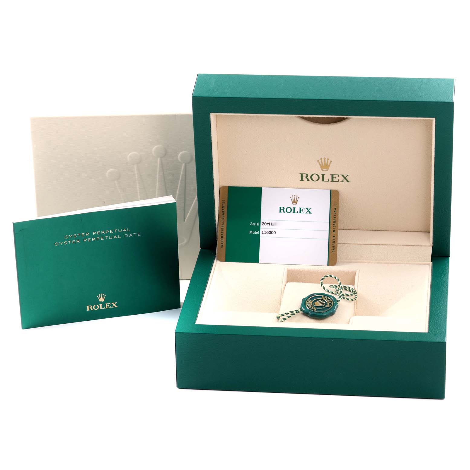 The image shows an opened Rolex Oyster Perpetual 116000 Men's Stainless Steel Blue Dial 116000 Men's Stainless Steel Blue Dial box with its warranty card, tag, and booklet displayed.