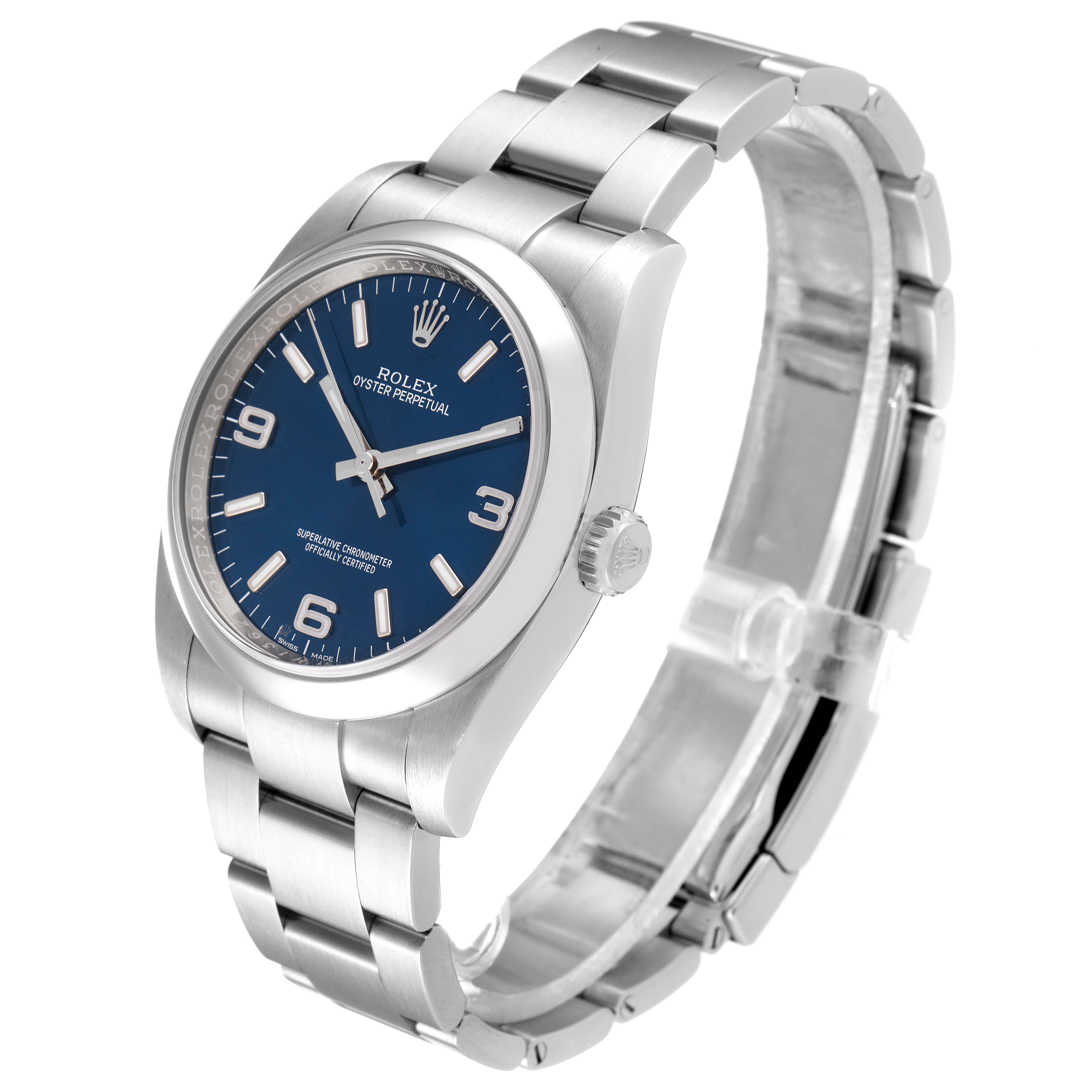 The image shows a Rolex Oyster Perpetual 116000 Men's Stainless Steel Blue Dial 116000 Men's Stainless Steel Blue Dial watch at a three-quarter angle, highlighting the dial, bezel, crown, and bracelet.