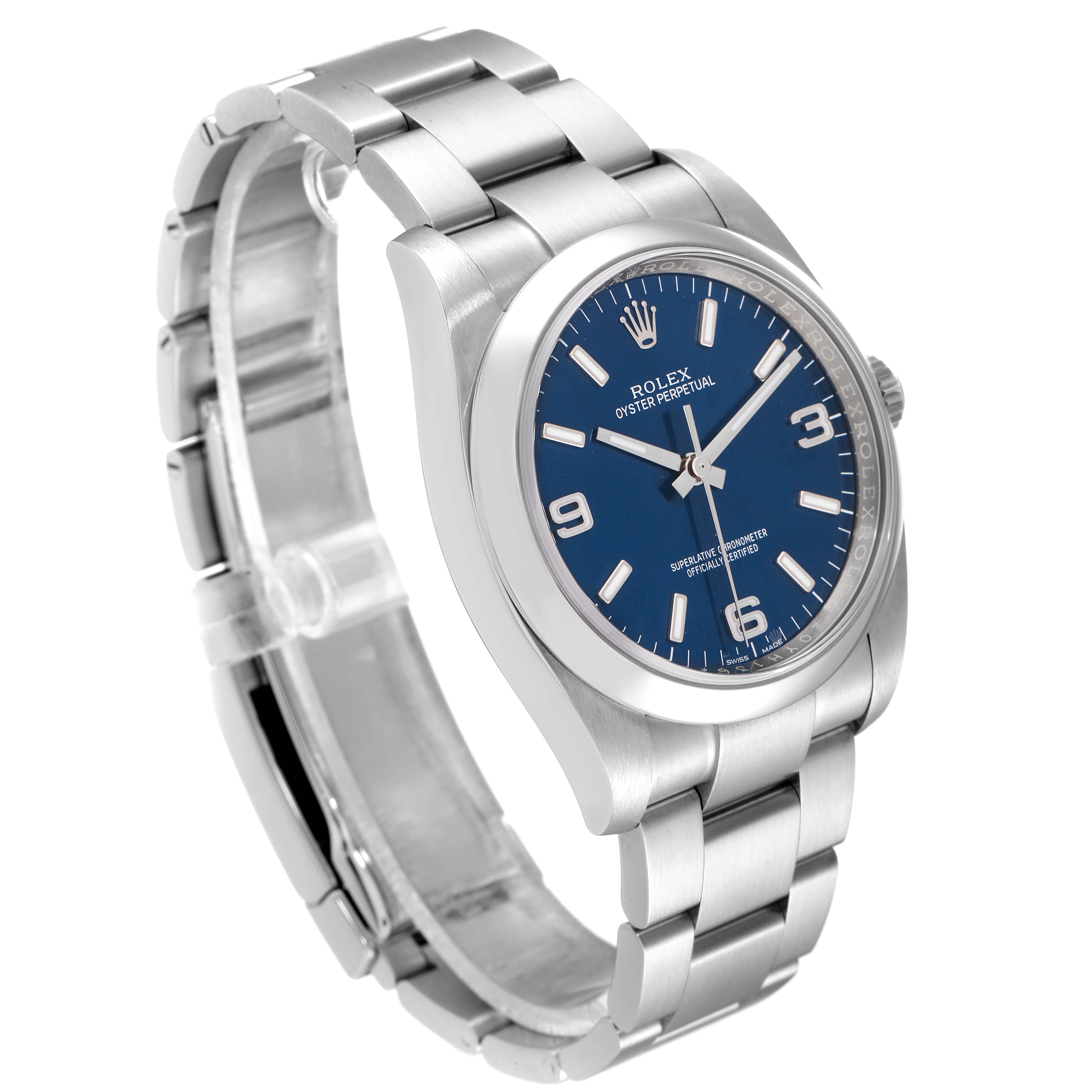 This image shows the Rolex Oyster Perpetual 116000 Men's Stainless Steel Blue Dial 116000 Men's Stainless Steel Blue Dial watch from a front-left angle, highlighting its bracelet, face, and dial.