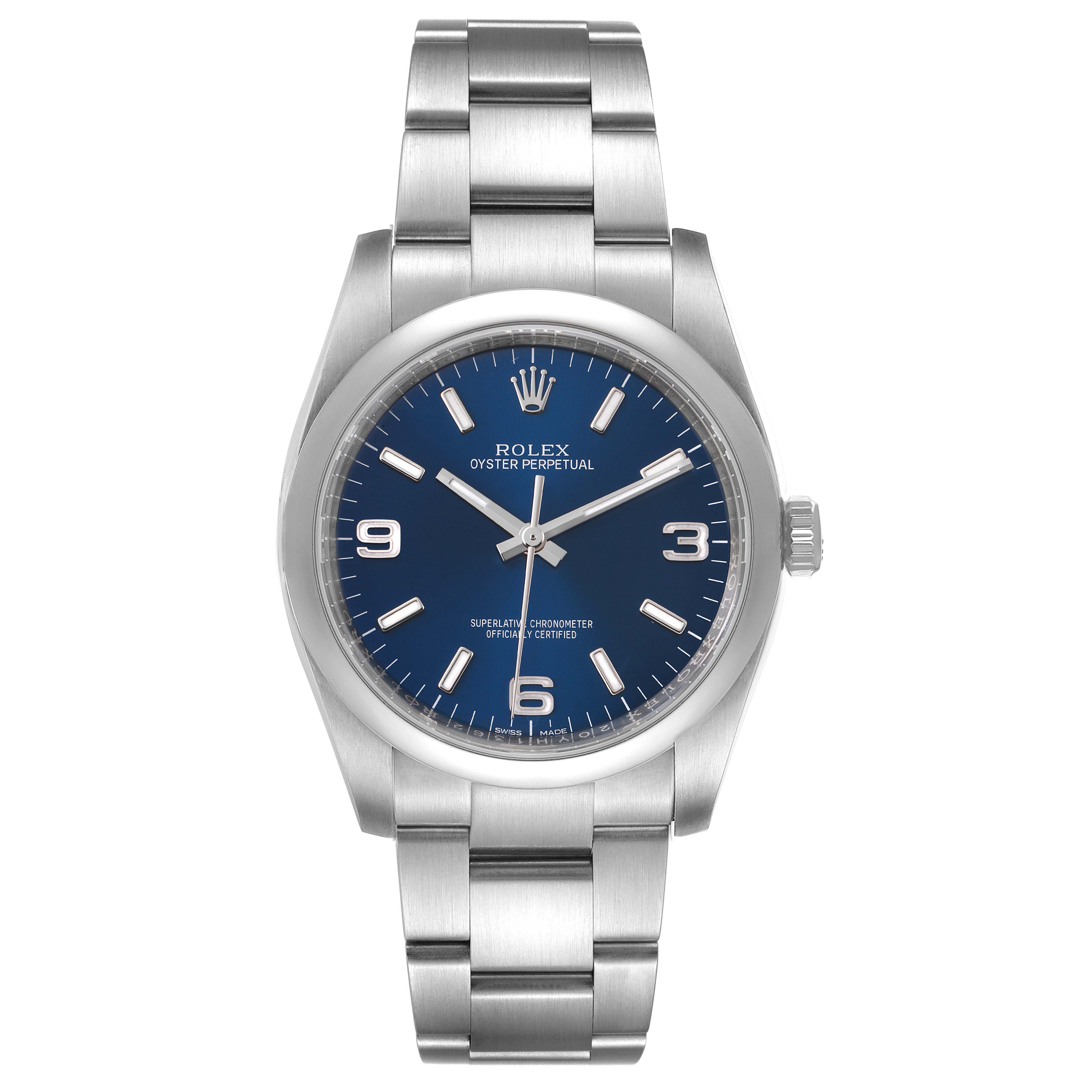 This image shows a front-facing view of the Rolex Oyster Perpetual 116000 Men's Stainless Steel Blue Dial 116000 Men's Stainless Steel Blue Dial watch, highlighting its blue dial and stainless steel bracelet.