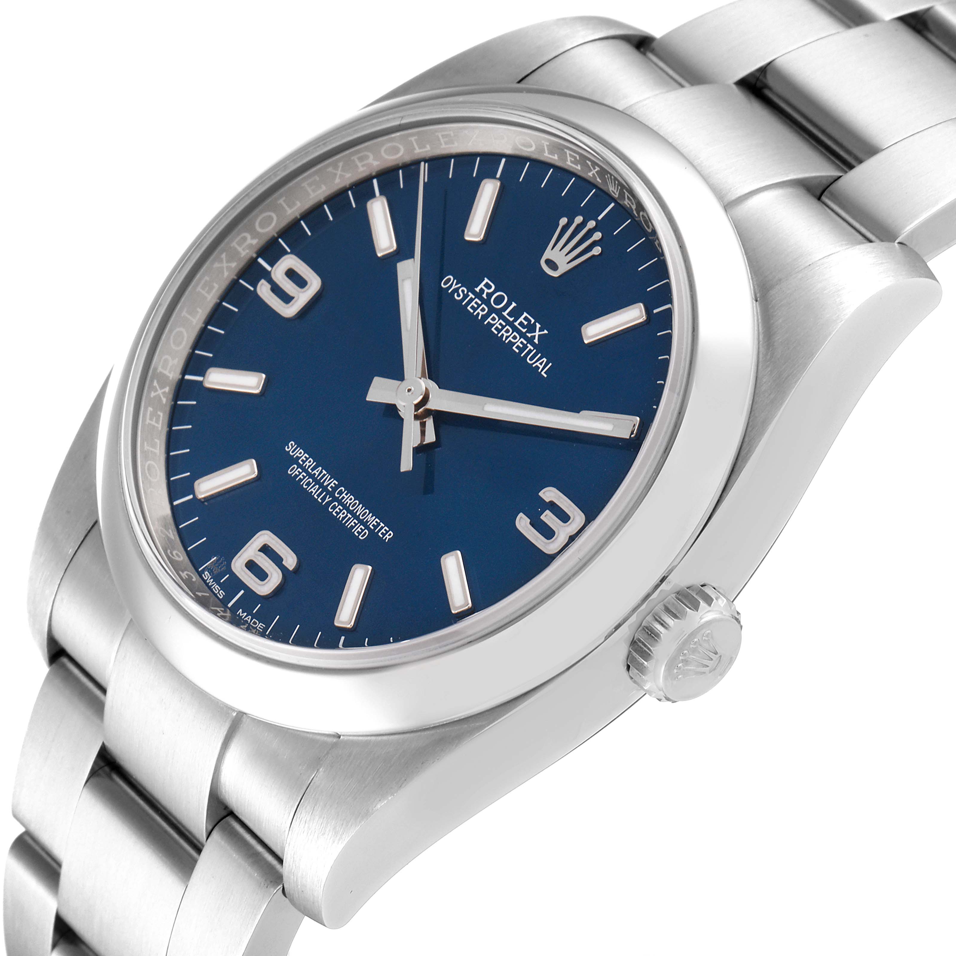 This Rolex Oyster Perpetual 116000 Men's Stainless Steel Blue Dial 116000 Men's Stainless Steel Blue Dial watch is shown at a slight angle, highlighting its blue dial, stainless steel case, and bracelet.