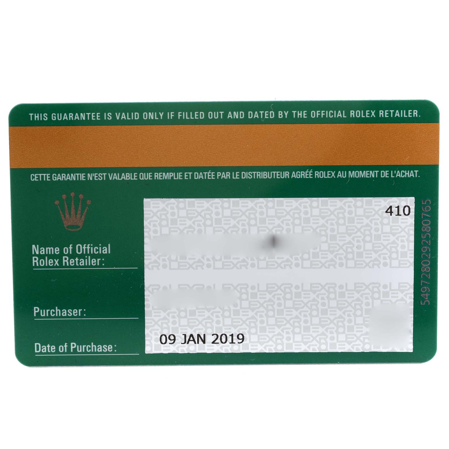 This image shows the warranty card for a Rolex Oyster Perpetual 116000 Men's Stainless Steel Blue Dial 116000 Men's Stainless Steel Blue Dial watch, including purchase details and official retailer information.