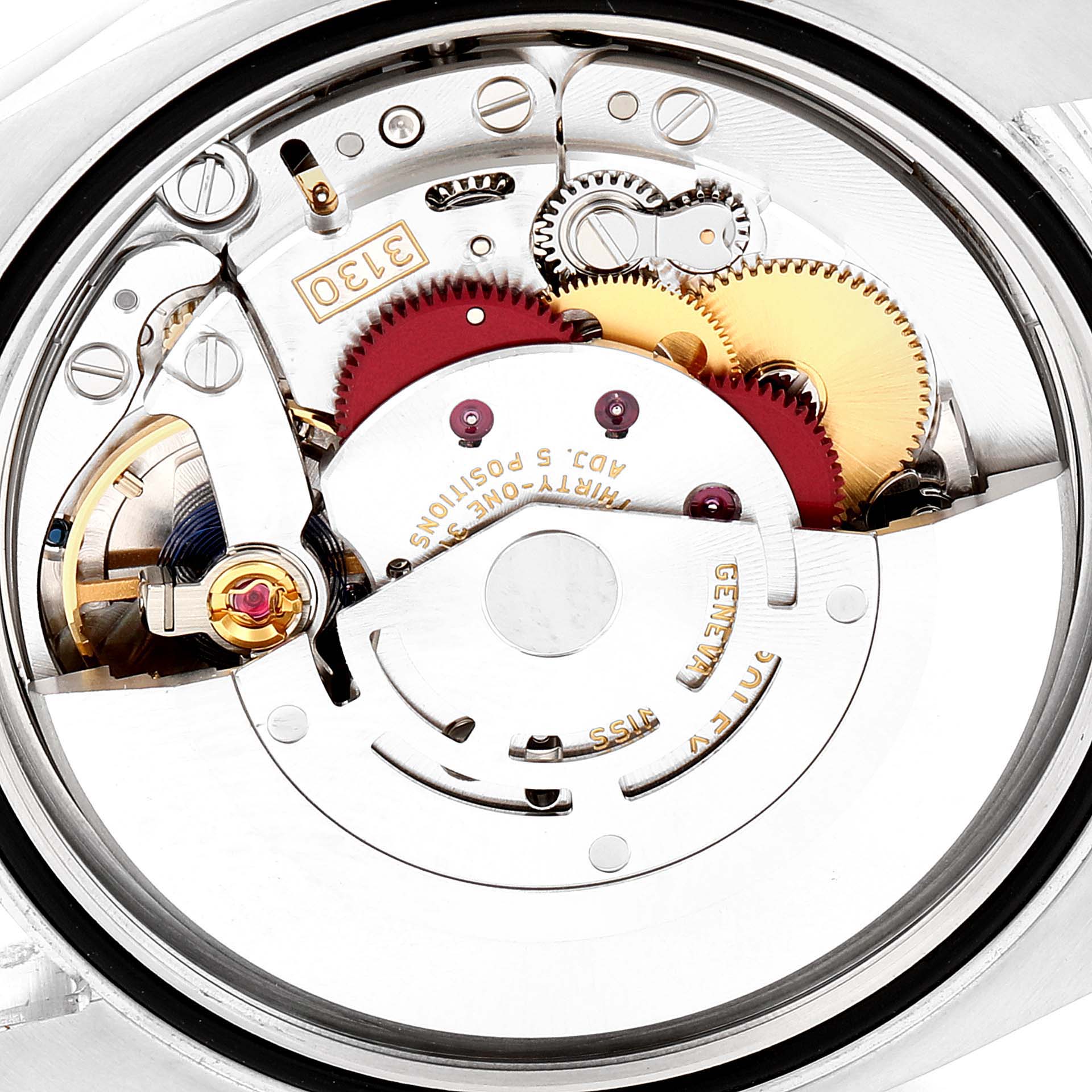 The image shows a close-up view of the movement mechanism of a Rolex Oyster Perpetual 116000 Men's Stainless Steel Blue Dial 116000 Men's Stainless Steel Blue Dial watch.