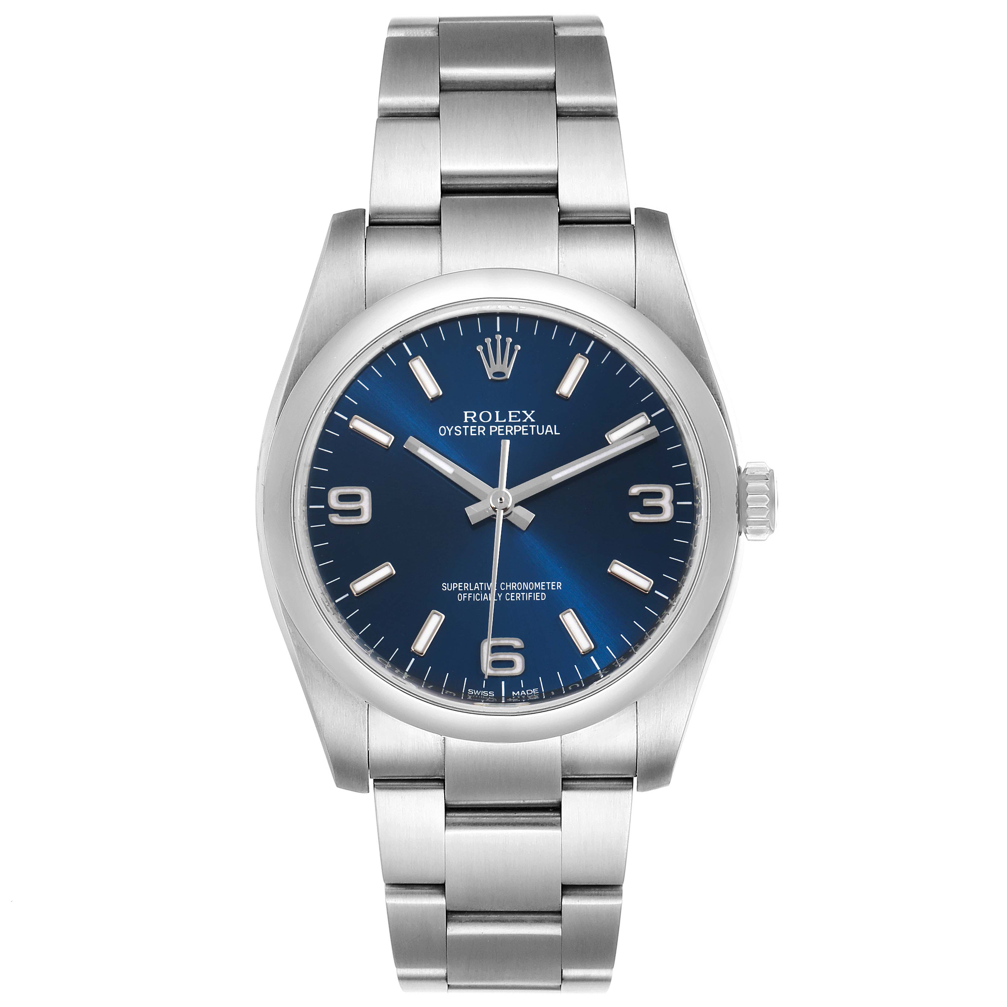 The image shows a front view of a Rolex Oyster Perpetual 116000 Men's Stainless Steel Blue Dial 116000 Men's Stainless Steel Blue Dial watch, highlighting the dial, hands, and bracelet.