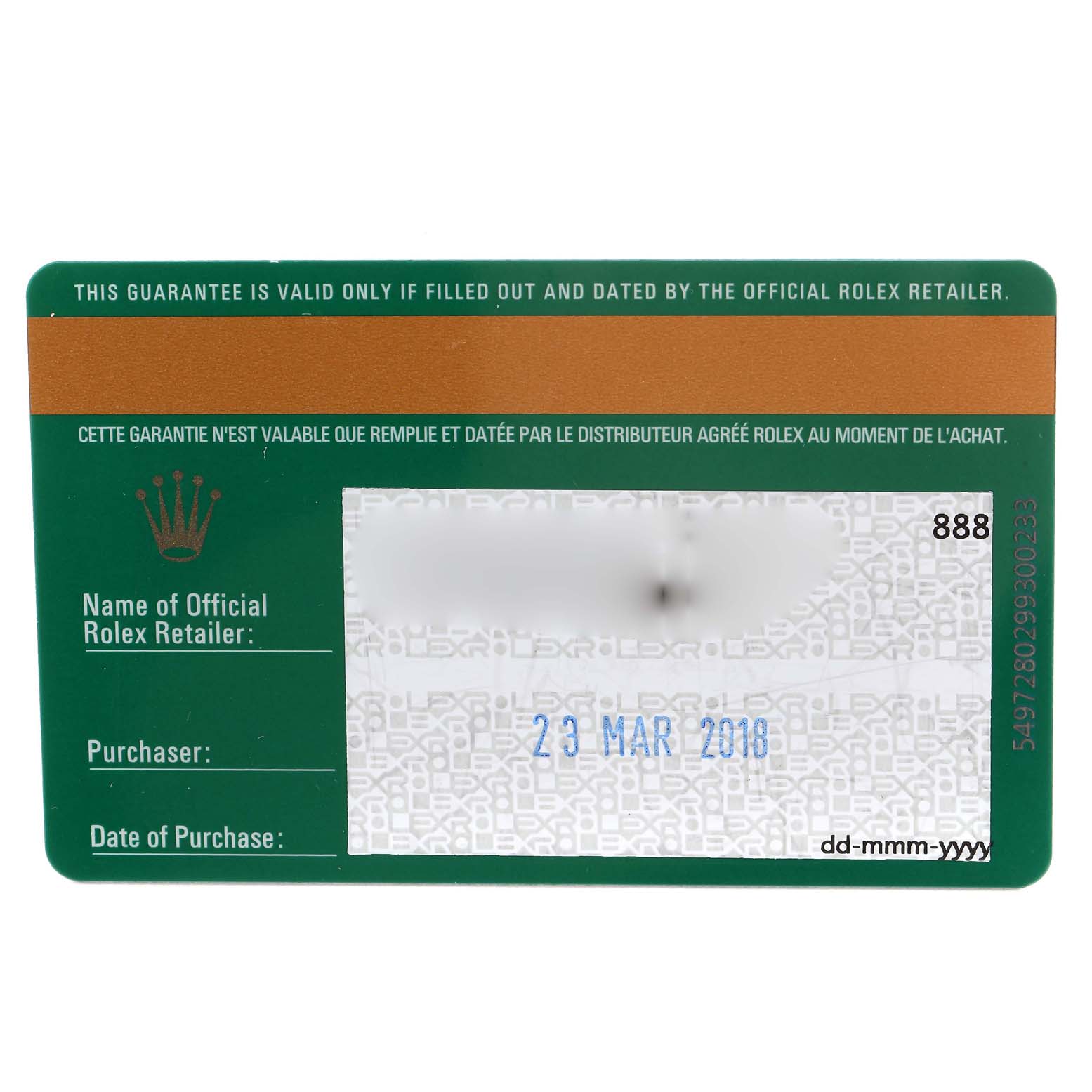 This image shows the guarantee card for the Rolex Oyster Perpetual 116000 Men's Stainless Steel Blue Dial 116000 Men's Stainless Steel Blue Dial model.