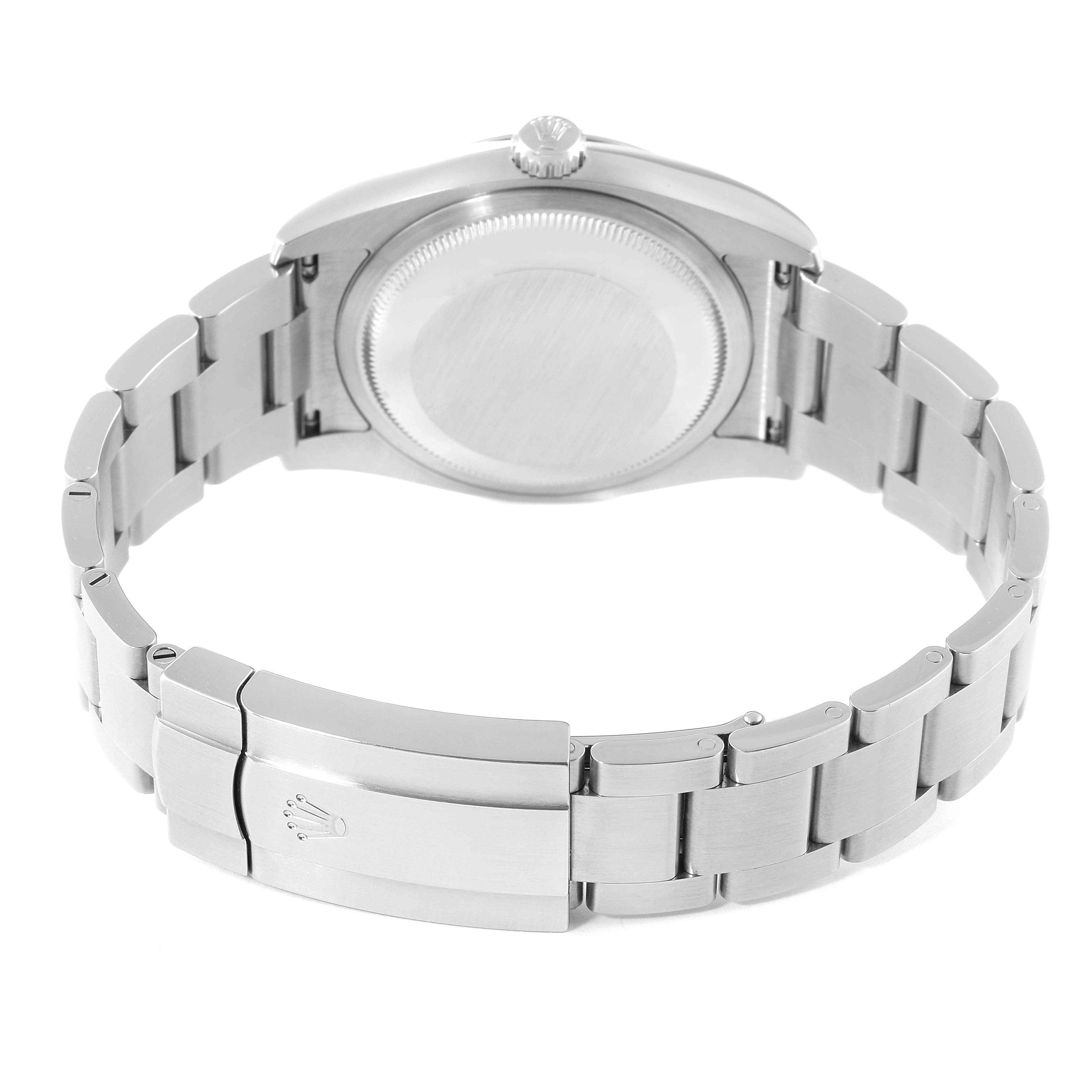 This image shows the back of a Rolex Oyster Perpetual 116000 Men's Stainless Steel Blue Dial 116000 Men's Stainless Steel Blue Dial watch, highlighting the clasp and bracelet.