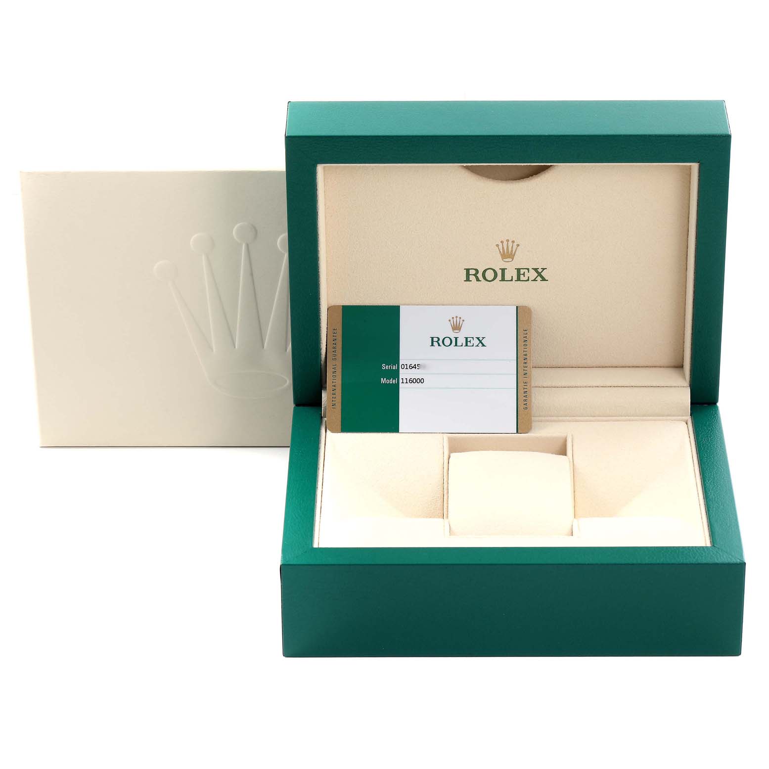The Oyster Perpetual watch by Rolex is shown at an angle displaying its box and warranty card.
