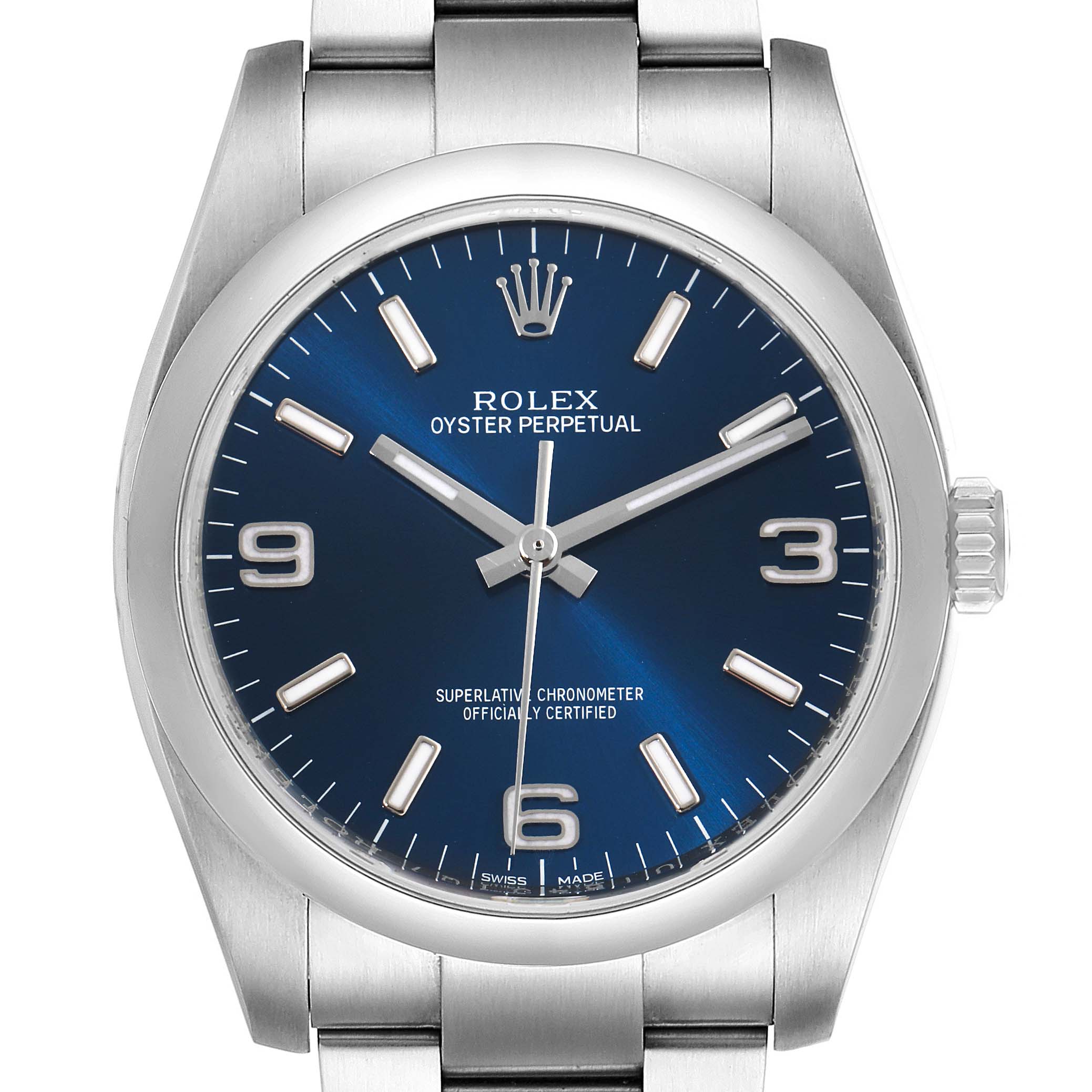 The image shows a front view of a Rolex Oyster Perpetual 116000 Men's Stainless Steel Blue Dial 116000 Men's Stainless Steel Blue Dial watch, highlighting the blue dial, hour markers, and stainless steel bracelet.