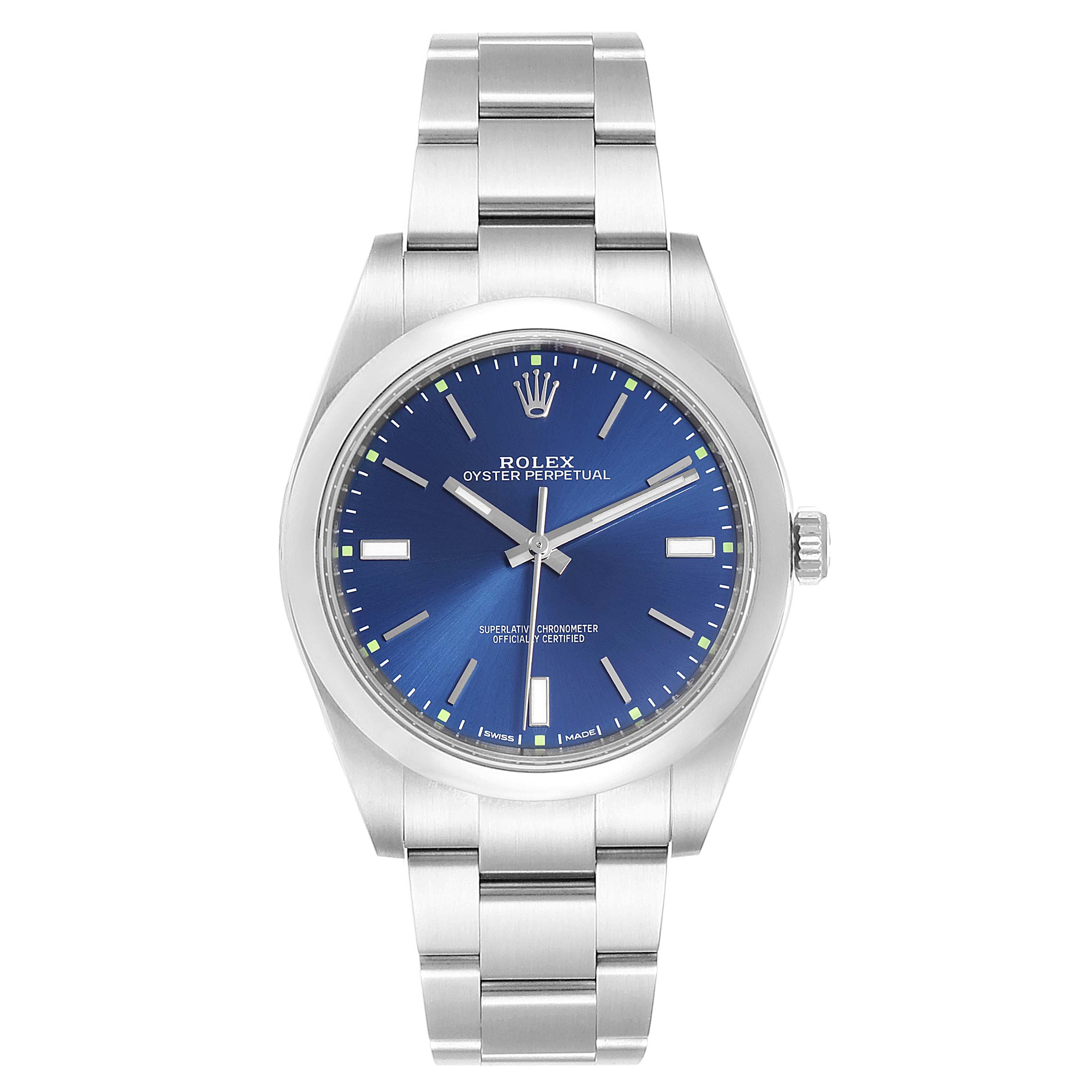 This image shows a front view of a Rolex Oyster Perpetual 114300 Men's Stainless Steel Blue Dial 114300 Men's Stainless Steel Blue Dial watch, featuring a blue dial and stainless steel bracelet.