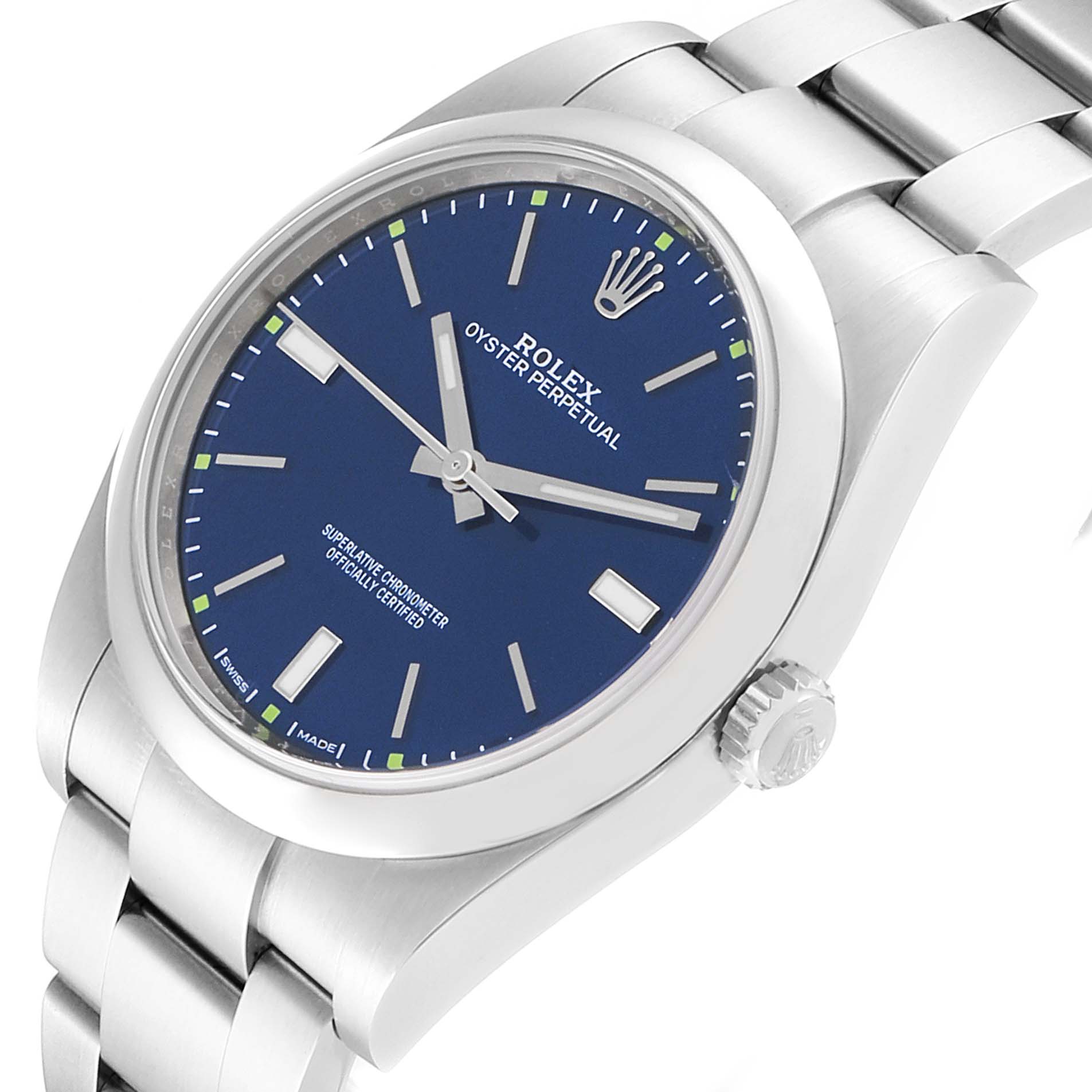 The Rolex Oyster Perpetual 114300 Men's Stainless Steel Blue Dial 114300 Men's Stainless Steel Blue Dial watch is shown at an angled view, highlighting the dial, crown, and part of the bracelet.