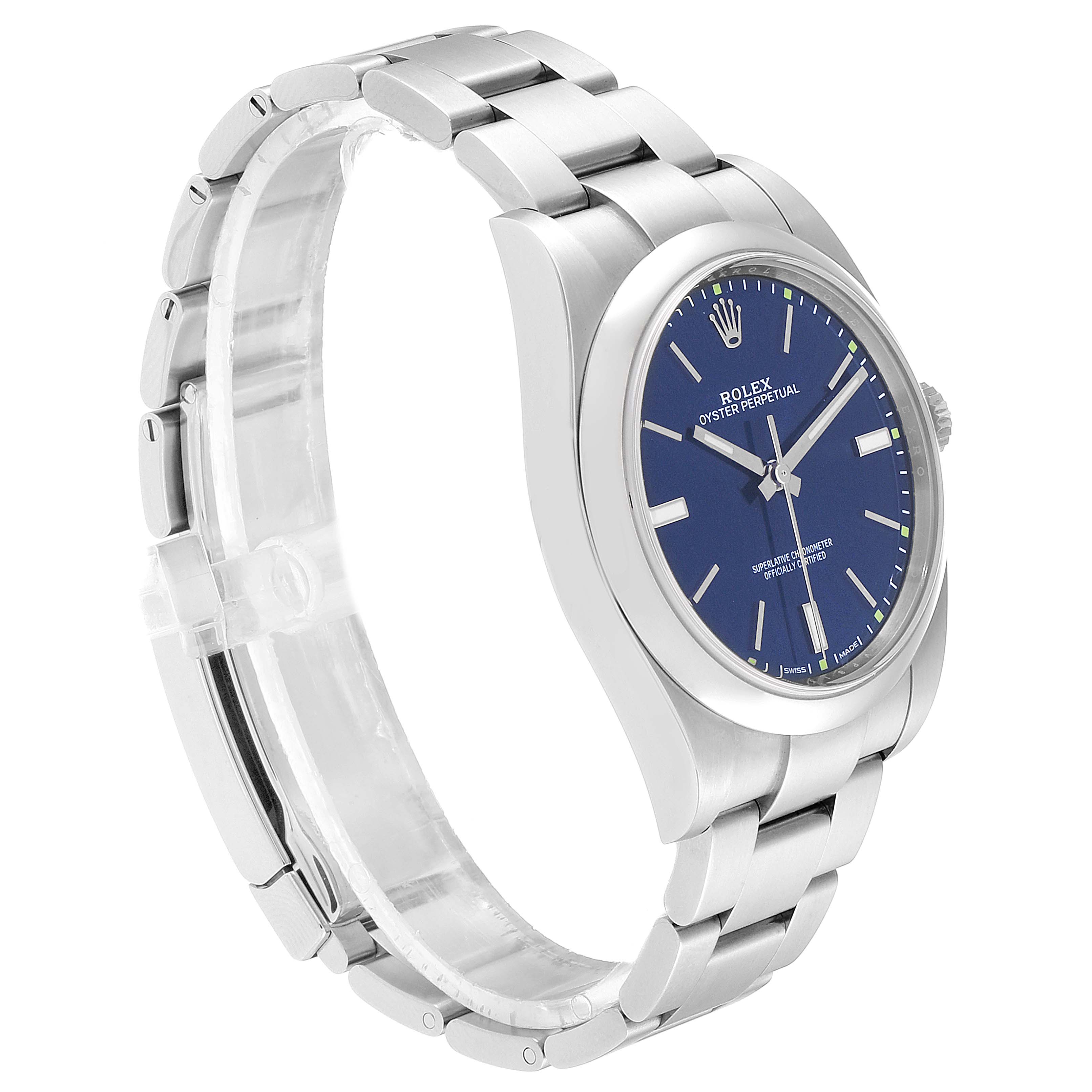 The image shows a side and front angle of the Rolex Oyster Perpetual 114300 Men's Stainless Steel Blue Dial 114300 Men's Stainless Steel Blue Dial watch, highlighting its blue dial and stainless steel bracelet.