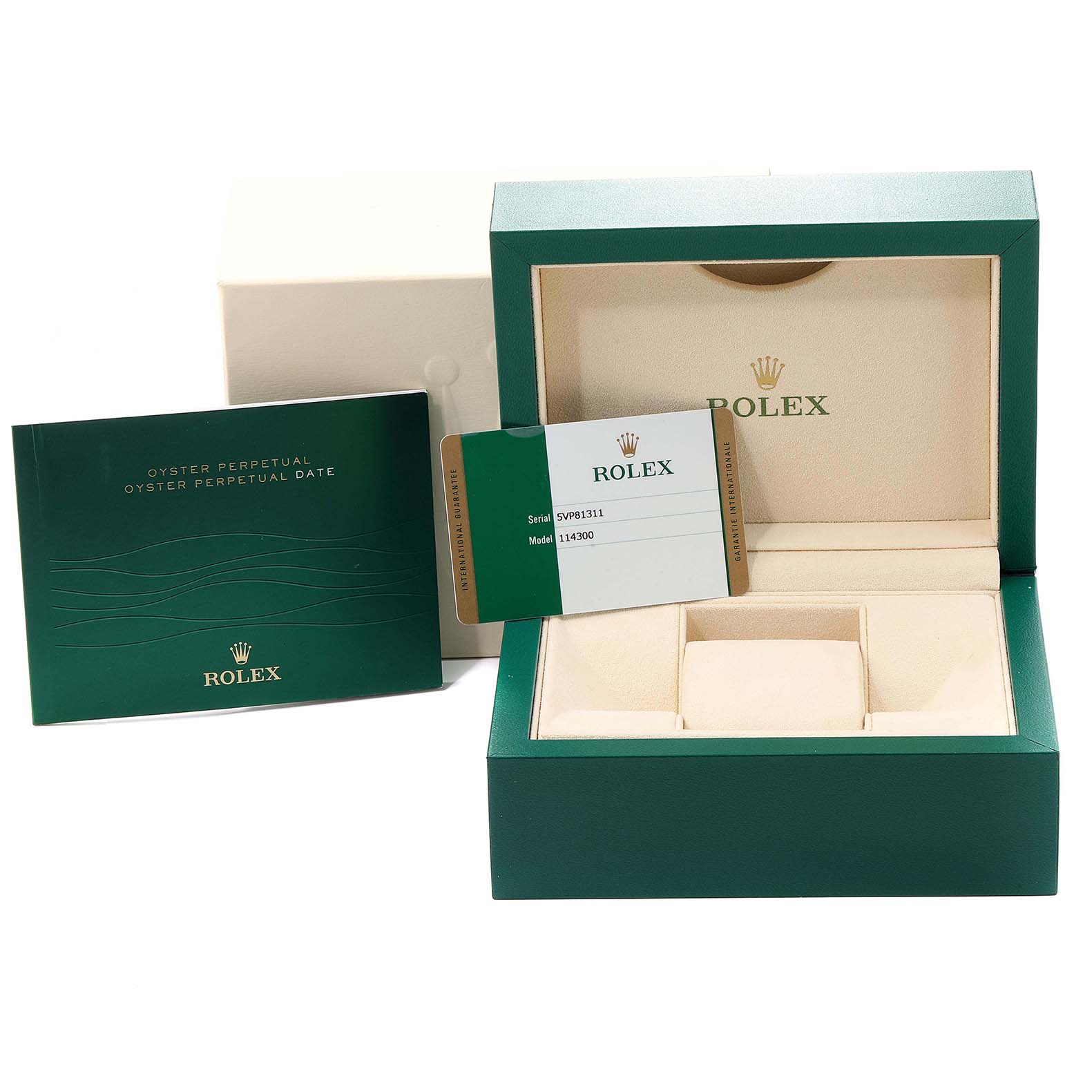 This image shows the packaging, manual, and authenticity card for a Rolex Oyster Perpetual 114300 Men's Stainless Steel Blue Dial 114300 Men's Stainless Steel Blue Dial watch.